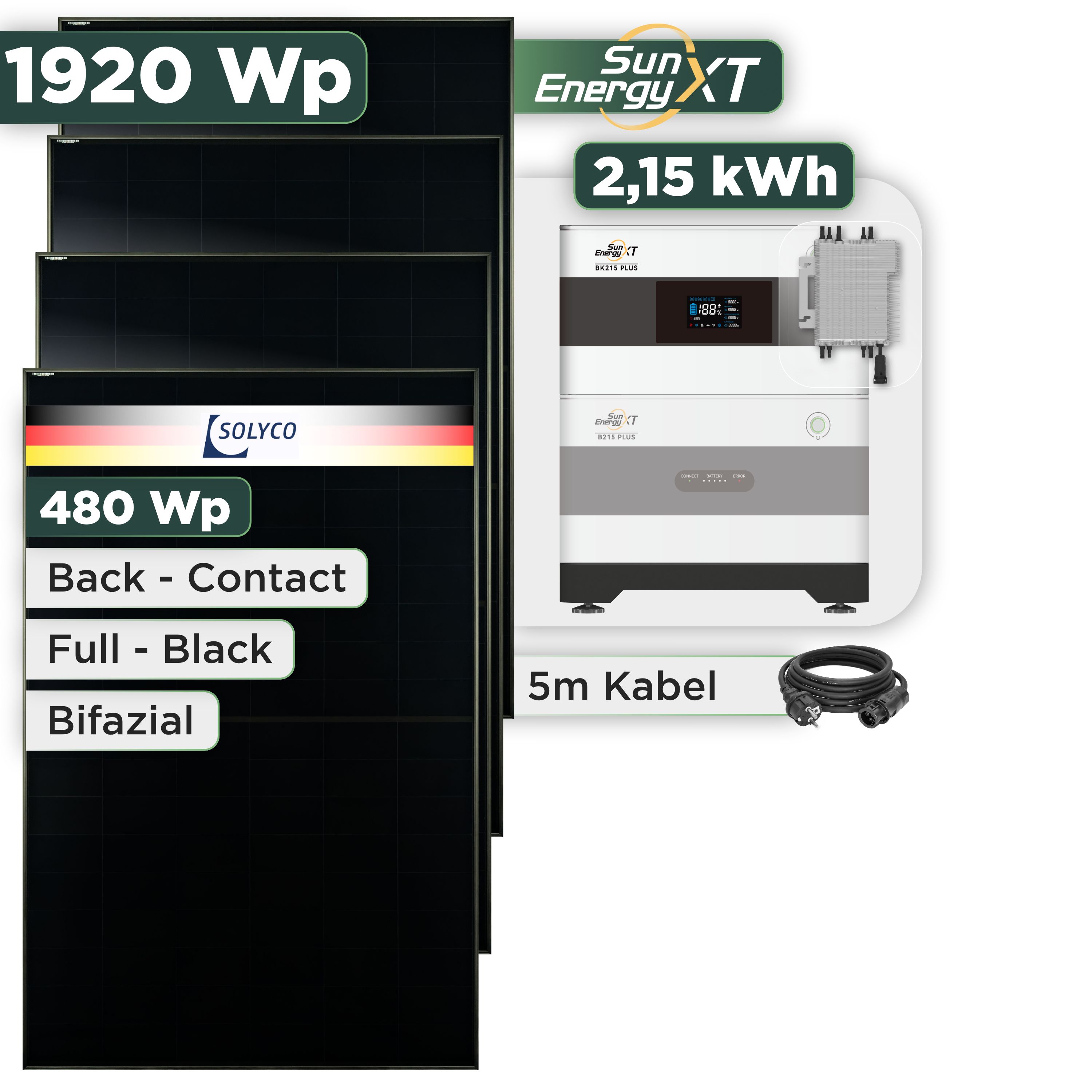 Balkonkraftwerk Set 1920 Wp SunEnergyXT Plus / 2,15 kWh / Solyco 480 Wp Glas-Glas Fullblack Back Contact Modul / 4 Module / Deye 2000 W / Schuko Stecker