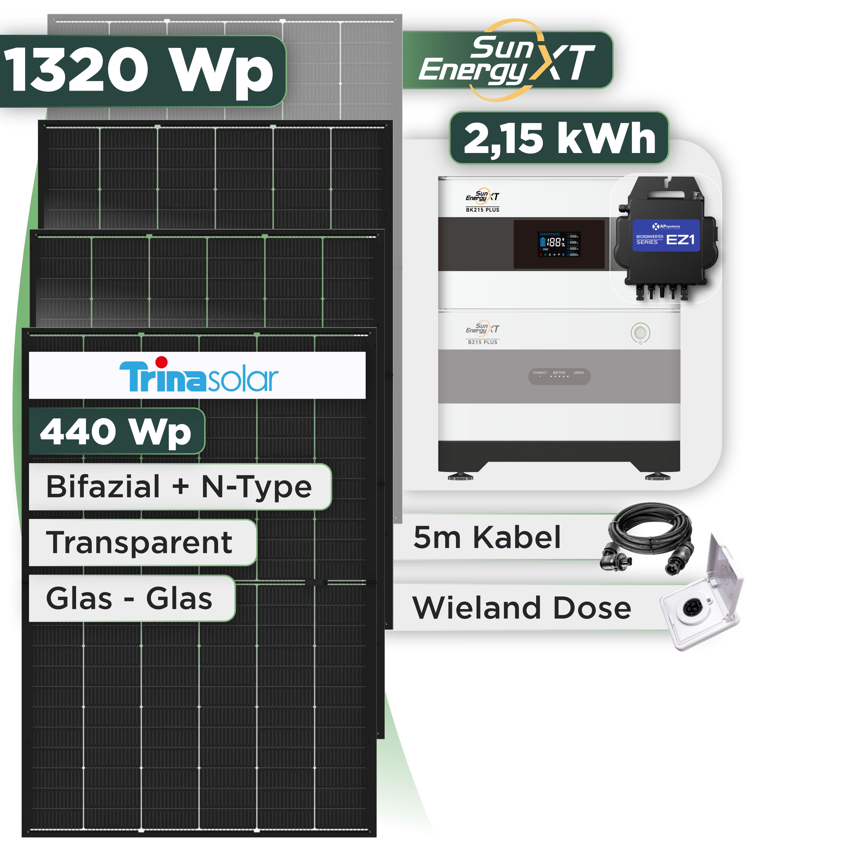 Balkonkraftwerk Set 1320 Wp SunEnergyXT Plus / 2,15 kWh / Trina 440 Wp Glas-Glas Bifazial Modul / 3 Module / APSystems EZ1-M (bis 800 W) / Wieland Stecker + Dose
