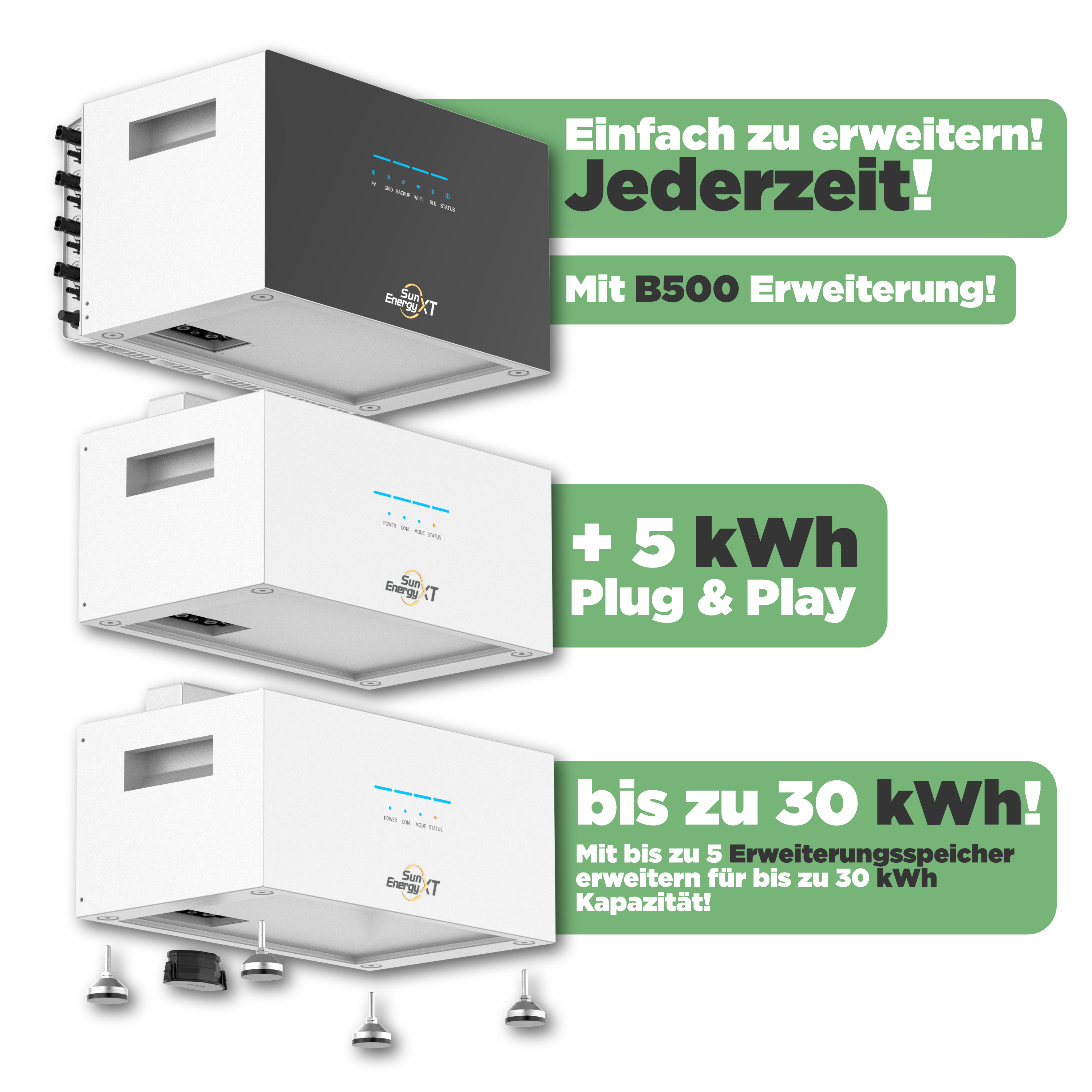 SunEnergyXT 500 PRO — 5 kWh Balkonkraftwerk Speicher mit 2.400W Wechselrichter, 4 MPPT & Notstromfunktion (LiFePO4, erweiterbar auf 30 kWh)