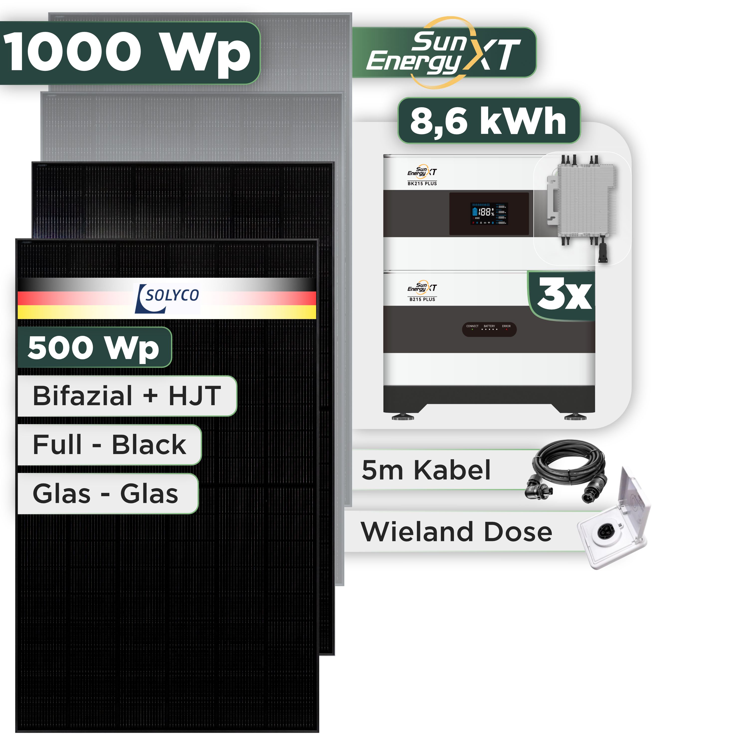 Balkonkraftwerk Set 1000 Wp SunEnergyXT Plus / 8,6 kWh / Solyco 500 Wp Glas-Glas Fullblack-Modul Bifazial / 2 Module / Deye 2000 W / Wieland Stecker + Dose