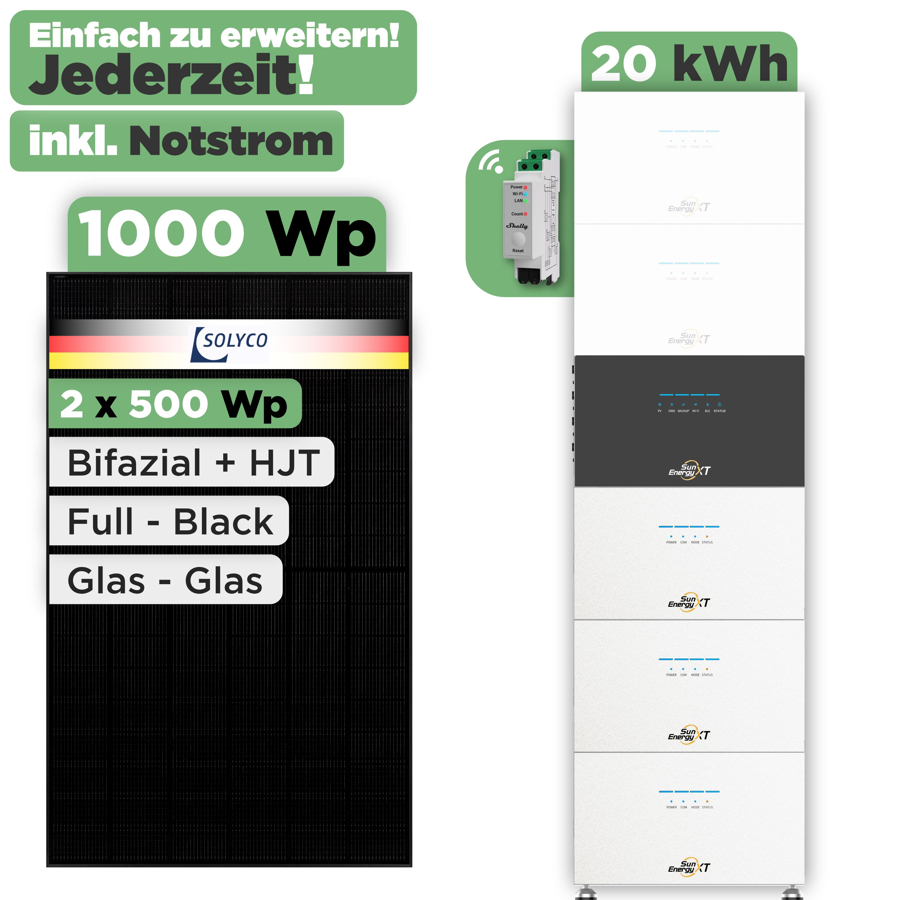 SunEnergyXT 500 Modulset 1000 Wp SunEnergyXT 500 (800 W) / 20 kWh / Shelly 3EM Pro / Solyco 500 Wp / 2 Module