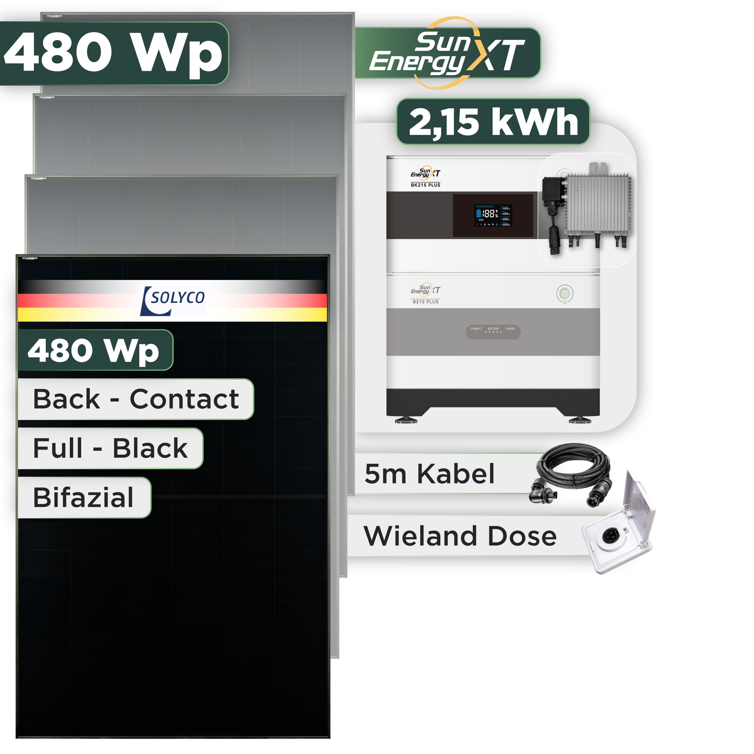 Balkonkraftwerk Set 480 Wp SunEnergyXT Plus / 2,15 kWh / Solyco 480 Wp Glas-Glas Fullblack Back Contact Modul / 1 Modul / Deye 800 W / Wieland Stecker + Dose