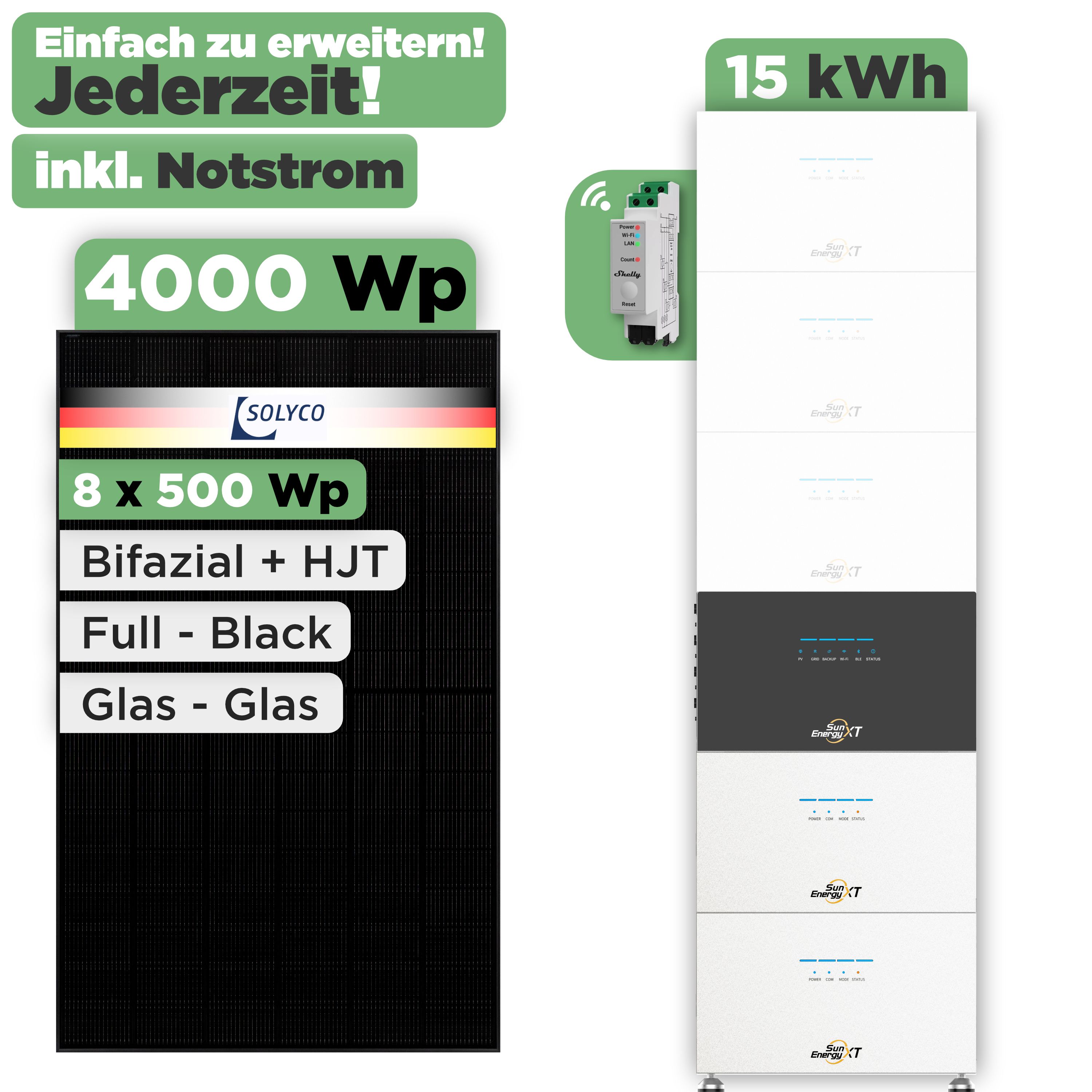 SunEnergyXT 500 Modulset 4000 Wp SunEnergyXT 500 (800 W) / 15 kWh / Shelly 3EM Pro / Solyco 500 Wp / 8 Module