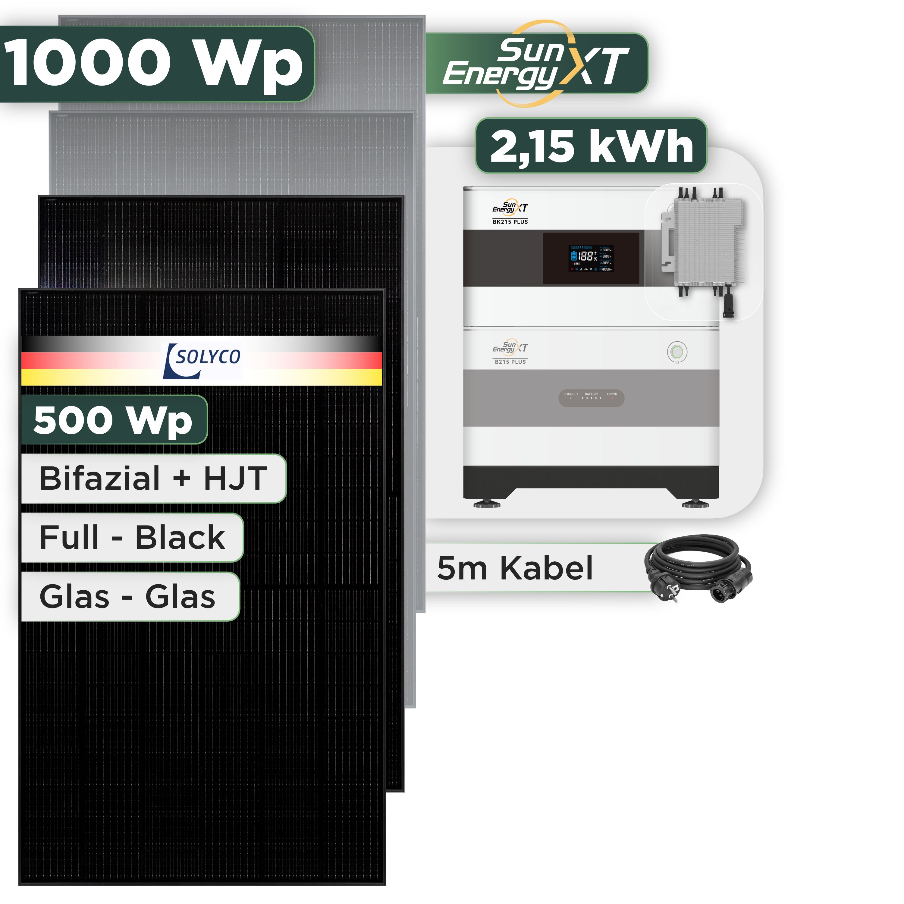 Balkonkraftwerk Set 1000 Wp SunEnergyXT Plus / 2,15 kWh / Solyco 500 Wp Glas-Glas Fullblack-Modul Bifazial / 2 Module / Deye 2000 W / Schuko Stecker