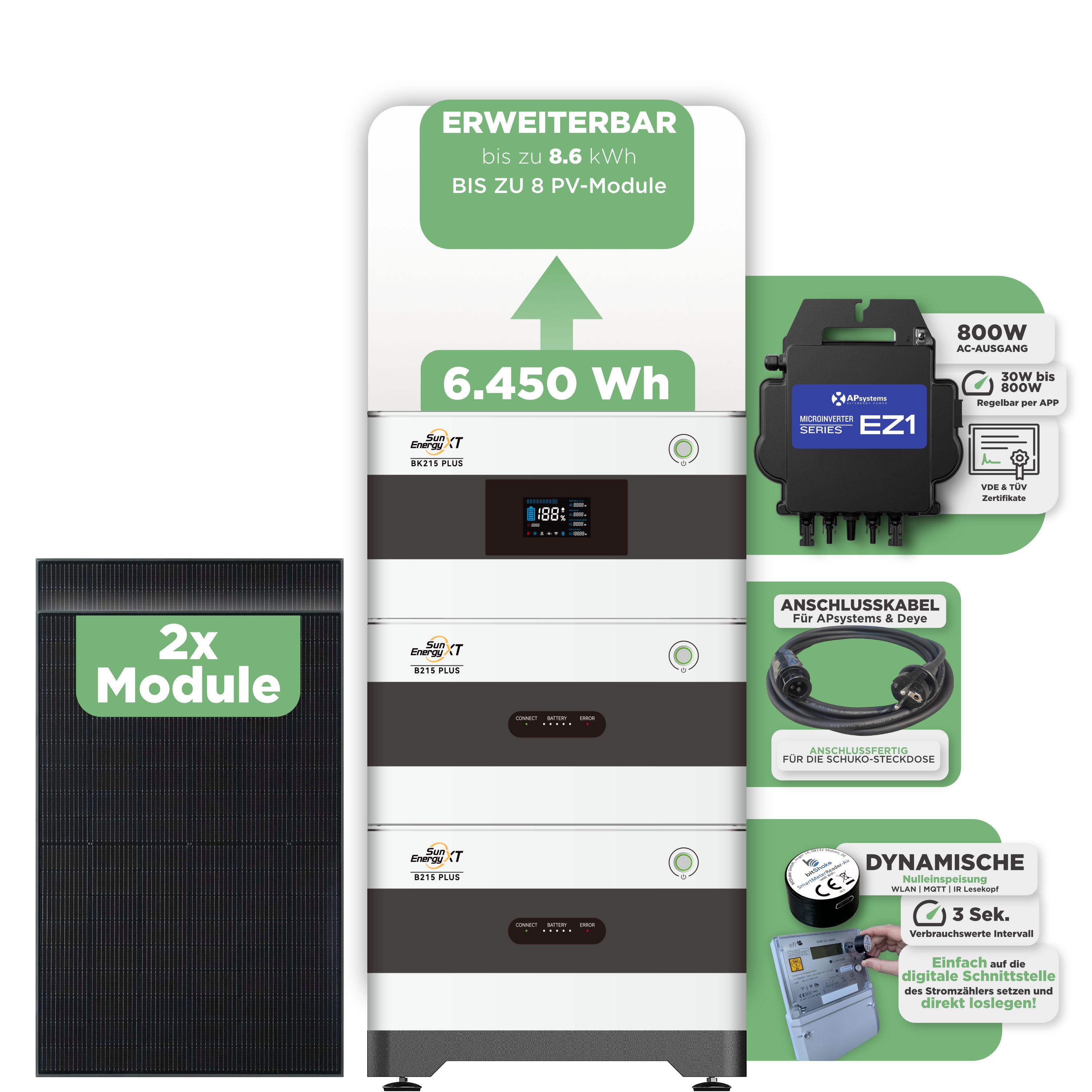 SunEnergyXT BK215 Plus Balkonkraftwerkspeicher 6.450 Wh / mit IR Lesekopf (bitshake) / 800 W (Apsystems EZ1-M) / 10 m Schuko Kabel