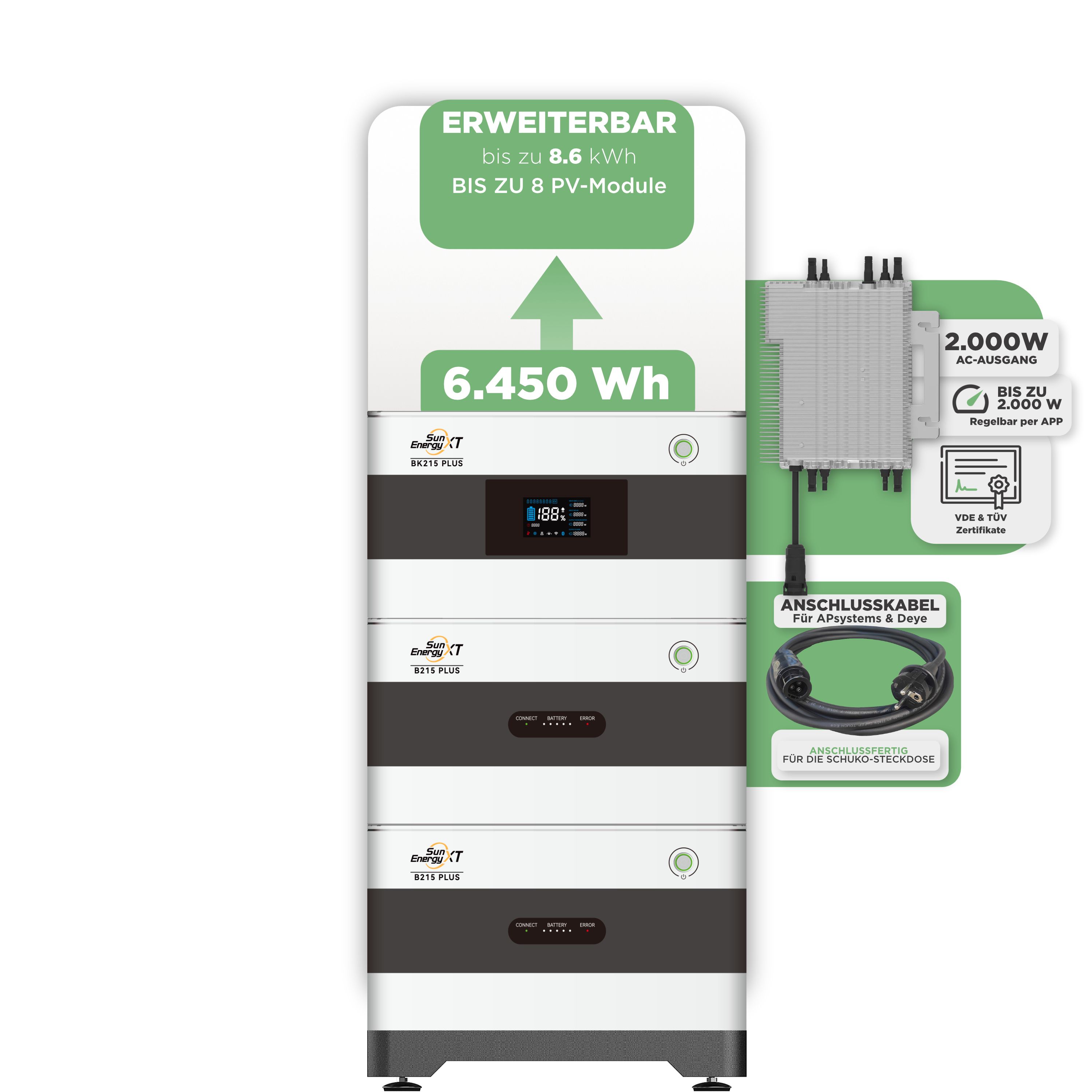 SunEnergyXT Balkonkraftwerkspeicher — 6.450 Wh / 2000 W (Deye-SUN-M) / 5 m Schuko Kabel