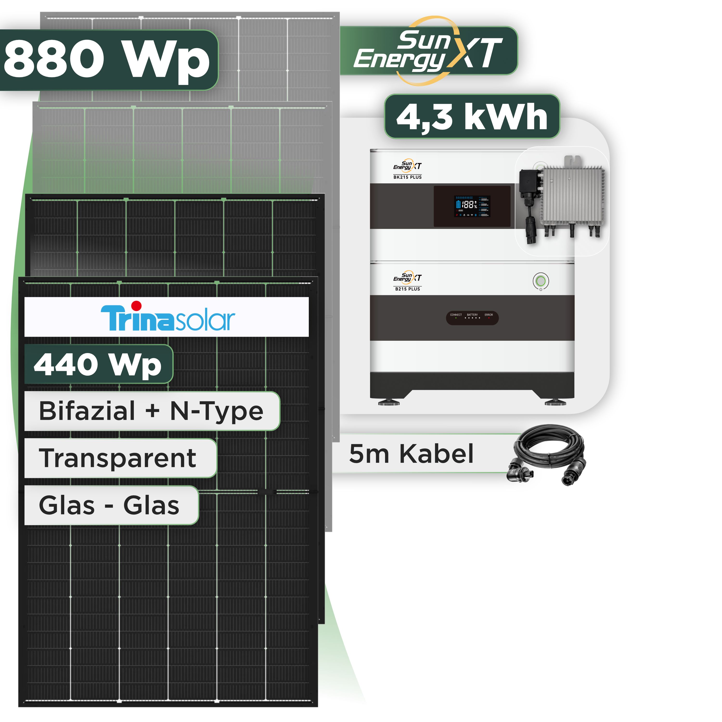 Balkonkraftwerk Set 880 Wp SunEnergyXT Plus / 4,3 kWh / Trina 440 Wp Glas-Glas Bifazial Modul / 2 Module / Deye 800 W / Wieland Stecker