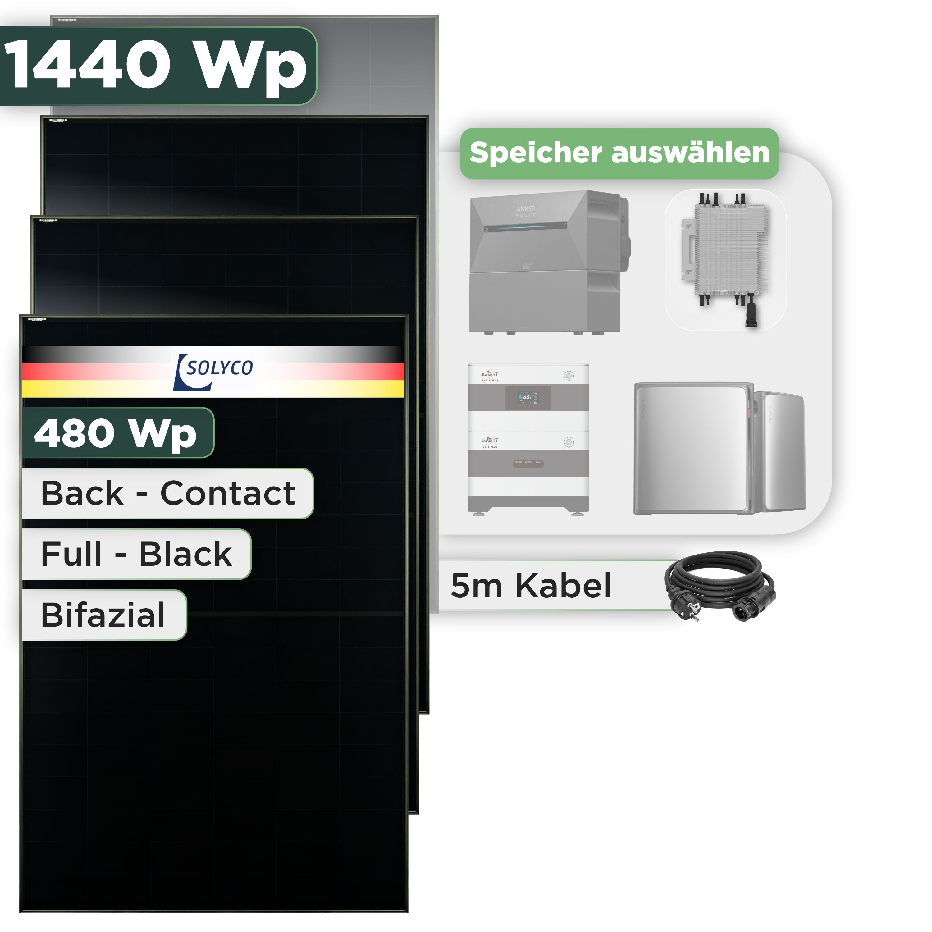Balkonkraftwerk Set 1440 Wp Solyco 480 Wp Glas-Glas Fullblack Back Contact Modul / 3 Module / Deye 2000 W / Schuko Stecker