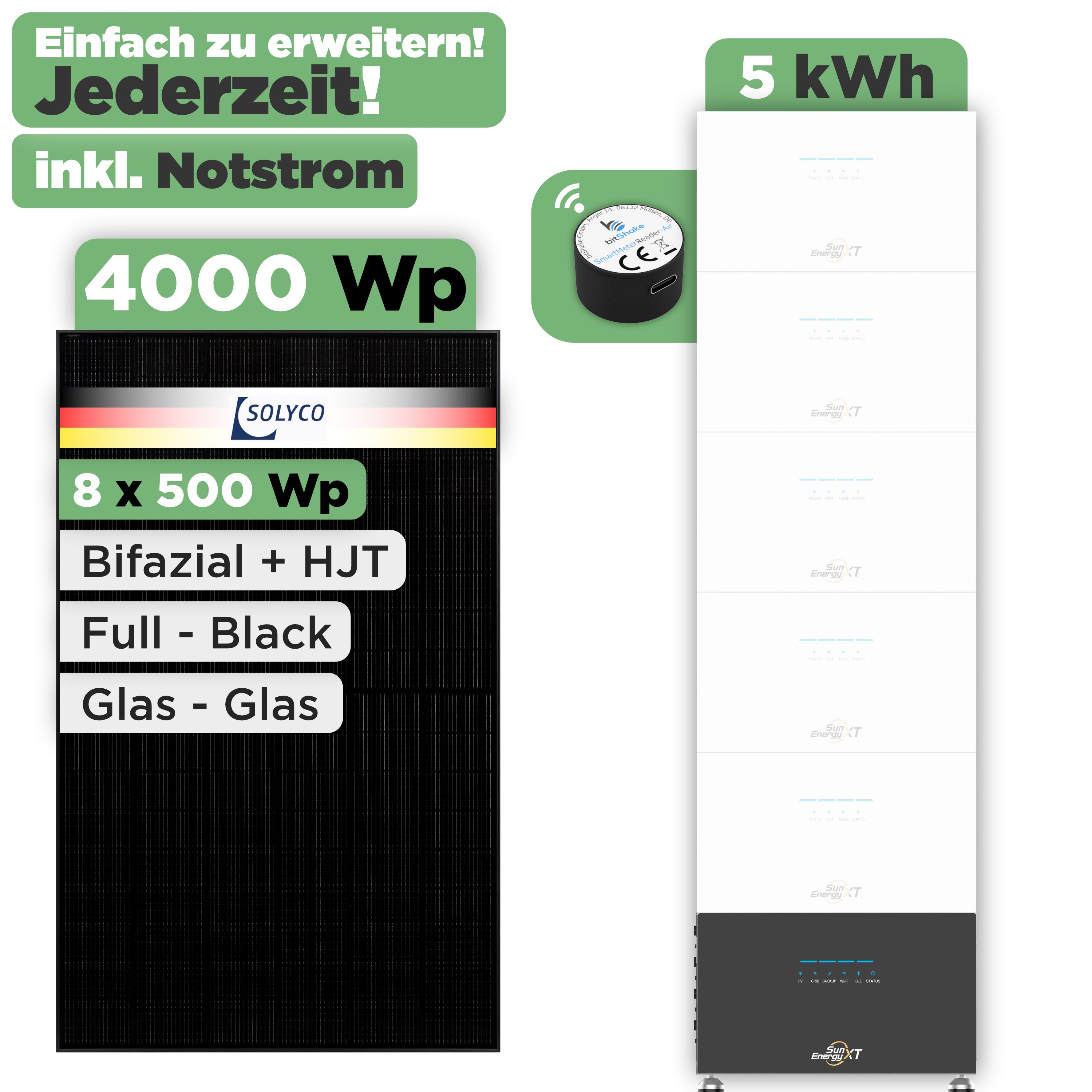 SunEnergyXT 500 Modulset 4000 Wp SunEnergyXT 500 (800 W) / 5 kWh / IR Lesekopf / Solyco 500 Wp / 8 Module