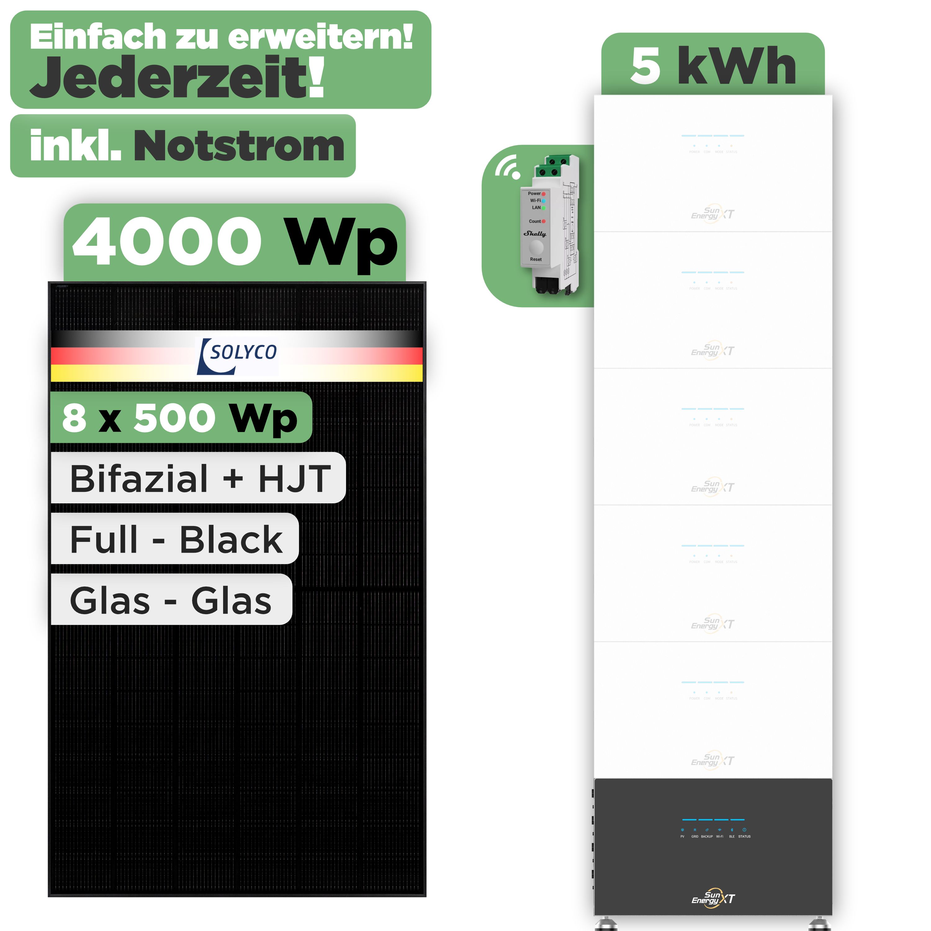 SunEnergyXT 500 Modulset 4000 Wp SunEnergyXT 500 (800 W) / 5 kWh / Shelly 3EM Pro / Solyco 500 Wp / 8 Module