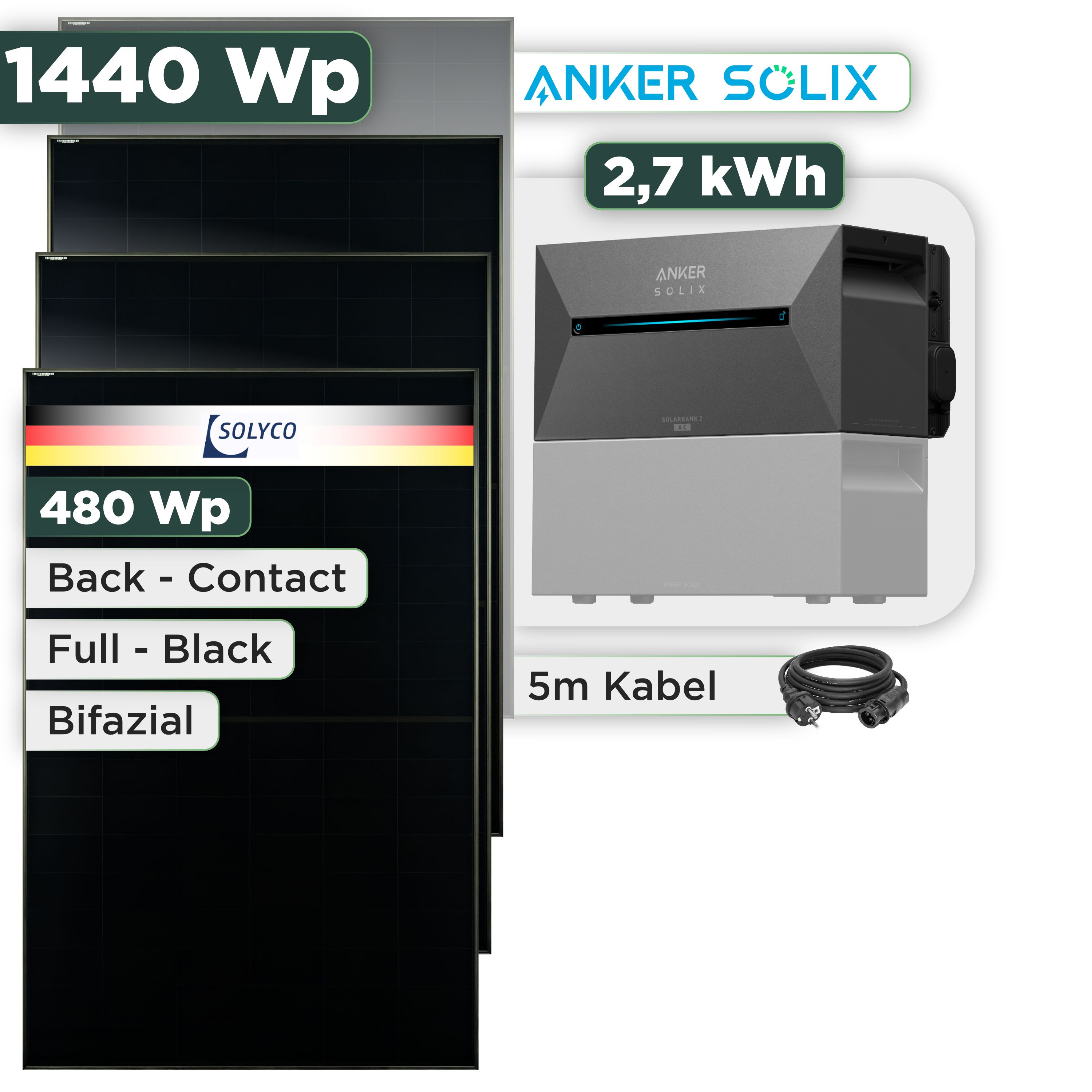 Balkonkraftwerk Set 1440 Wp Anker Solarbank 3 Pro / 2,7 kWh / Solyco 480 Wp Glas-Glas Fullblack Back Contact Modul / 3 Module / Schuko Stecker / 3 m