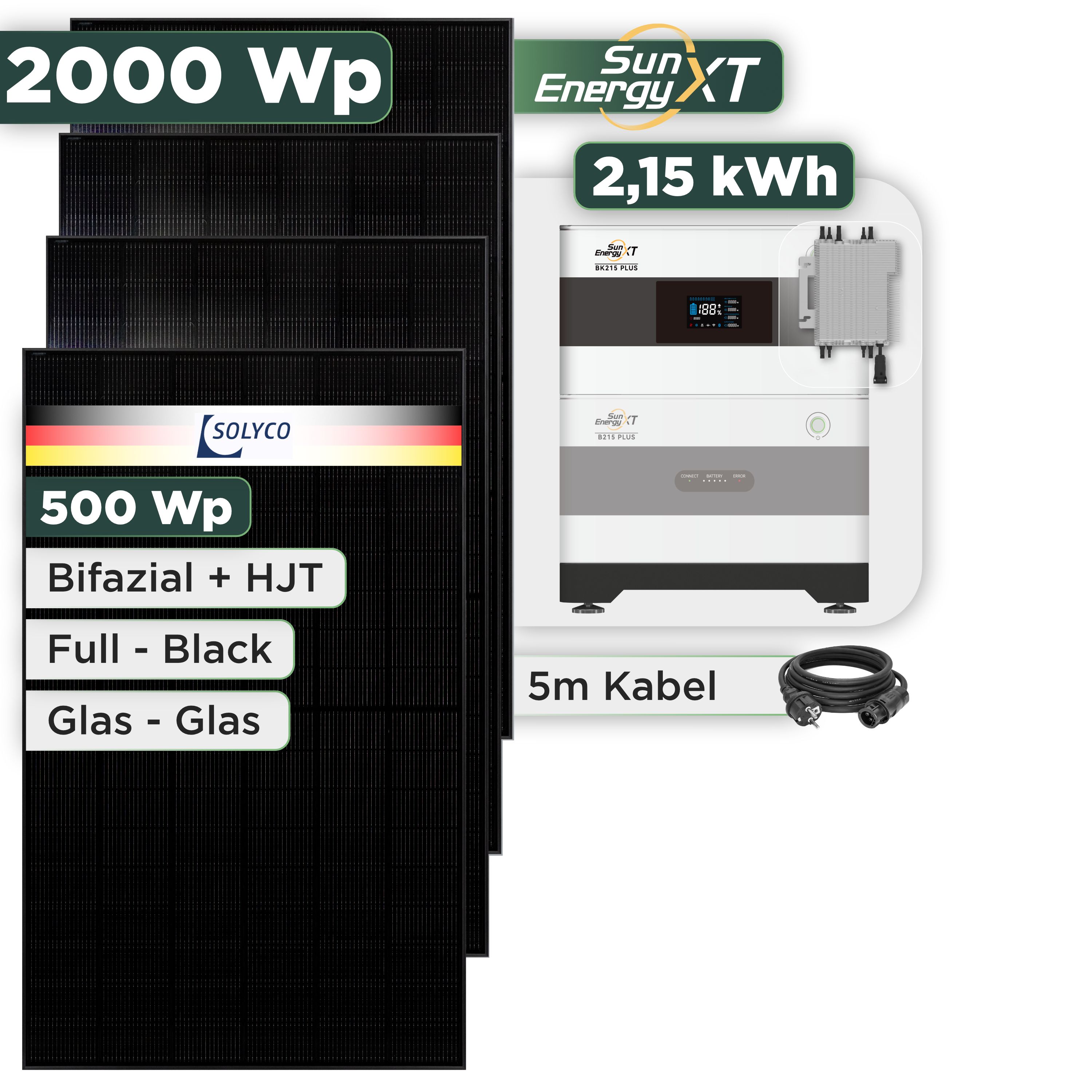 Balkonkraftwerk Set 2000 Wp SunEnergyXT Plus / 2,15 kWh / Solyco 500 Wp Glas-Glas Fullblack-Modul Bifazial / 4 Module / Deye 2000 W / Schuko Stecker
