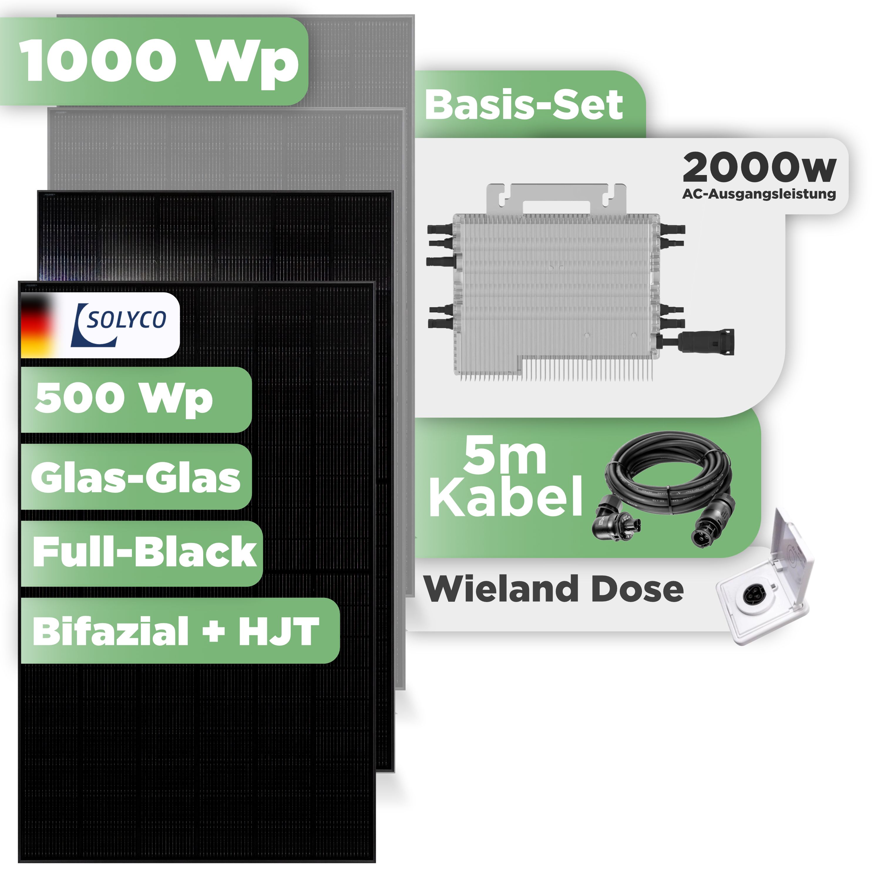 Balkonkraftwerk Basic Set 1000 Wp Solyco 500 Wp Glas-Glas Fullblack-Modul Bifazial / 2 Module / Deye 2000 W / Wieland Stecker + Dose