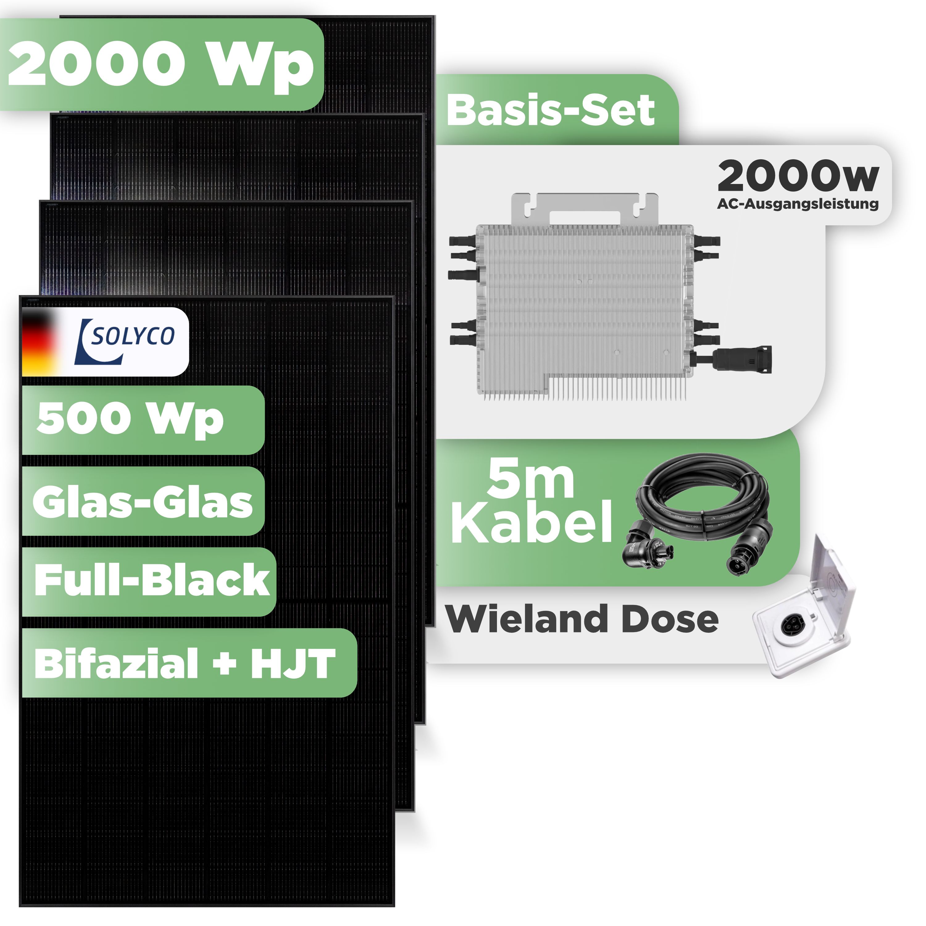 Balkonkraftwerk Basic Set 2000 Wp — Solyco 500 Wp Glas-Glas Fullblack-Modul Bifazial / 4 Module / Deye 2000 W / Wieland Stecker + Dose / 5 m