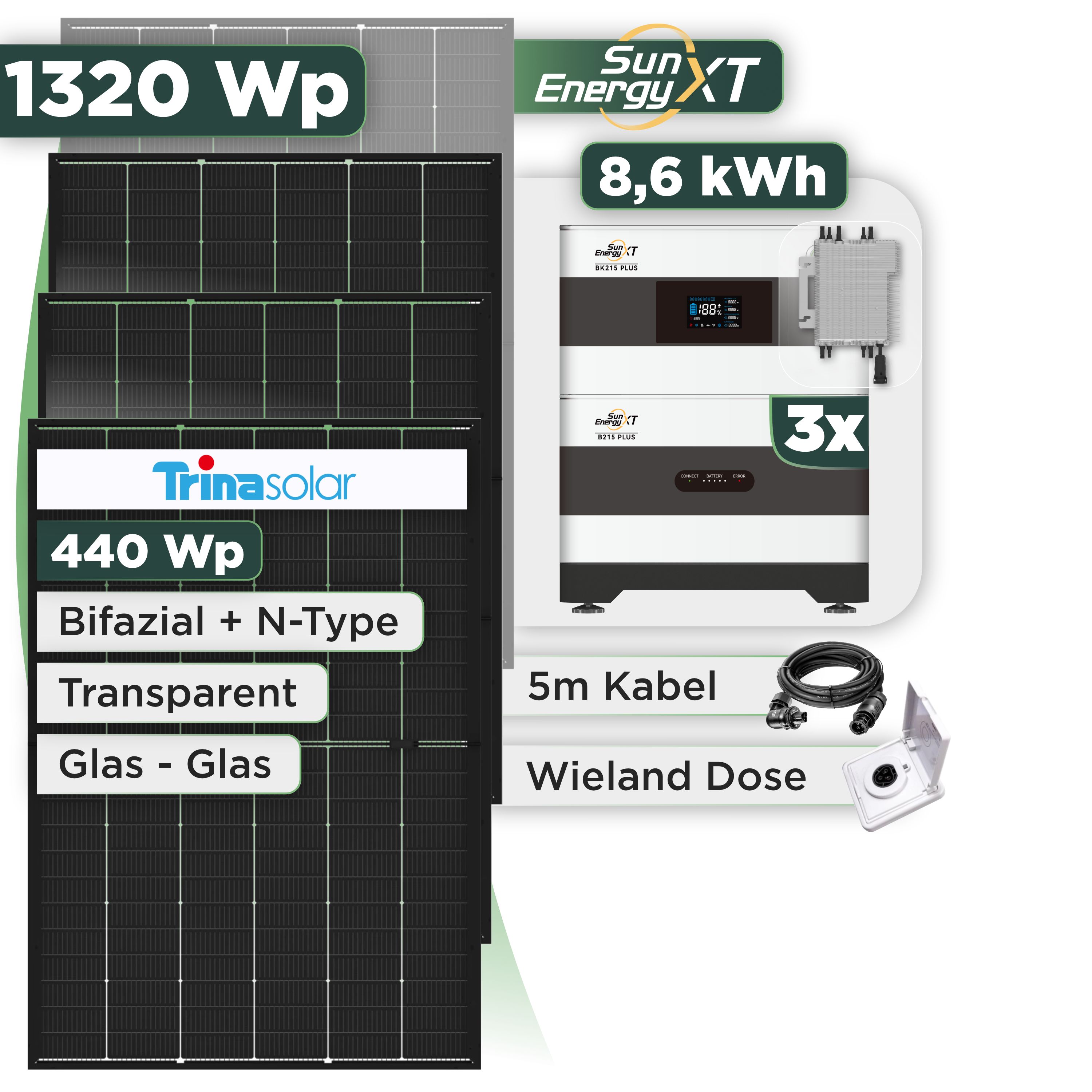 Balkonkraftwerk Set 1320 Wp SunEnergyXT Plus / 8,6 kWh / Trina 440 Wp Glas-Glas Bifazial Modul / 3 Module / Deye 2000 W / Wieland Stecker + Dose