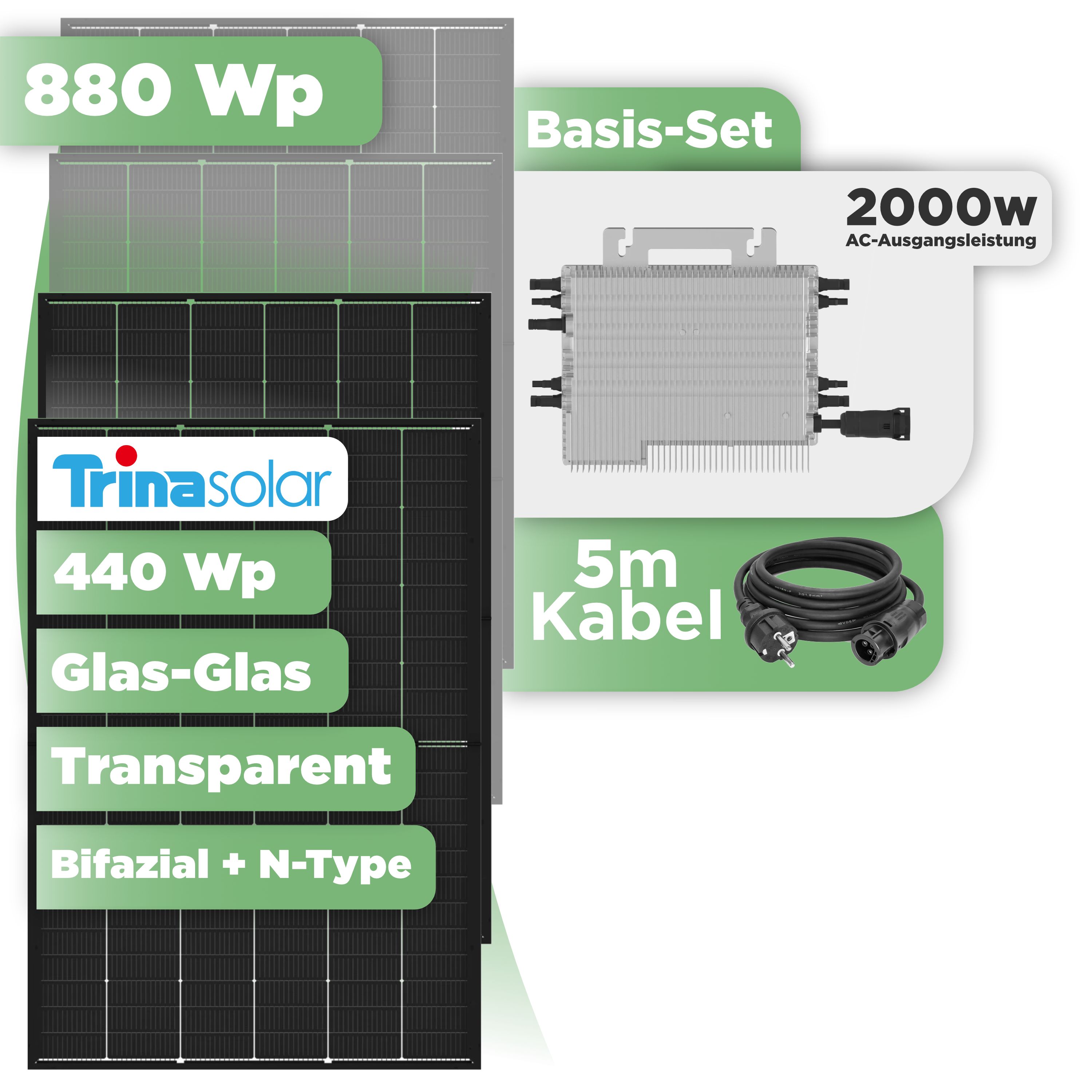 Balkonkraftwerk Basic Set 880 Wp Trina 440 Wp Glas-Glas Bifazial Modul / 2 Module / Deye 2000 W / Schuko Stecker