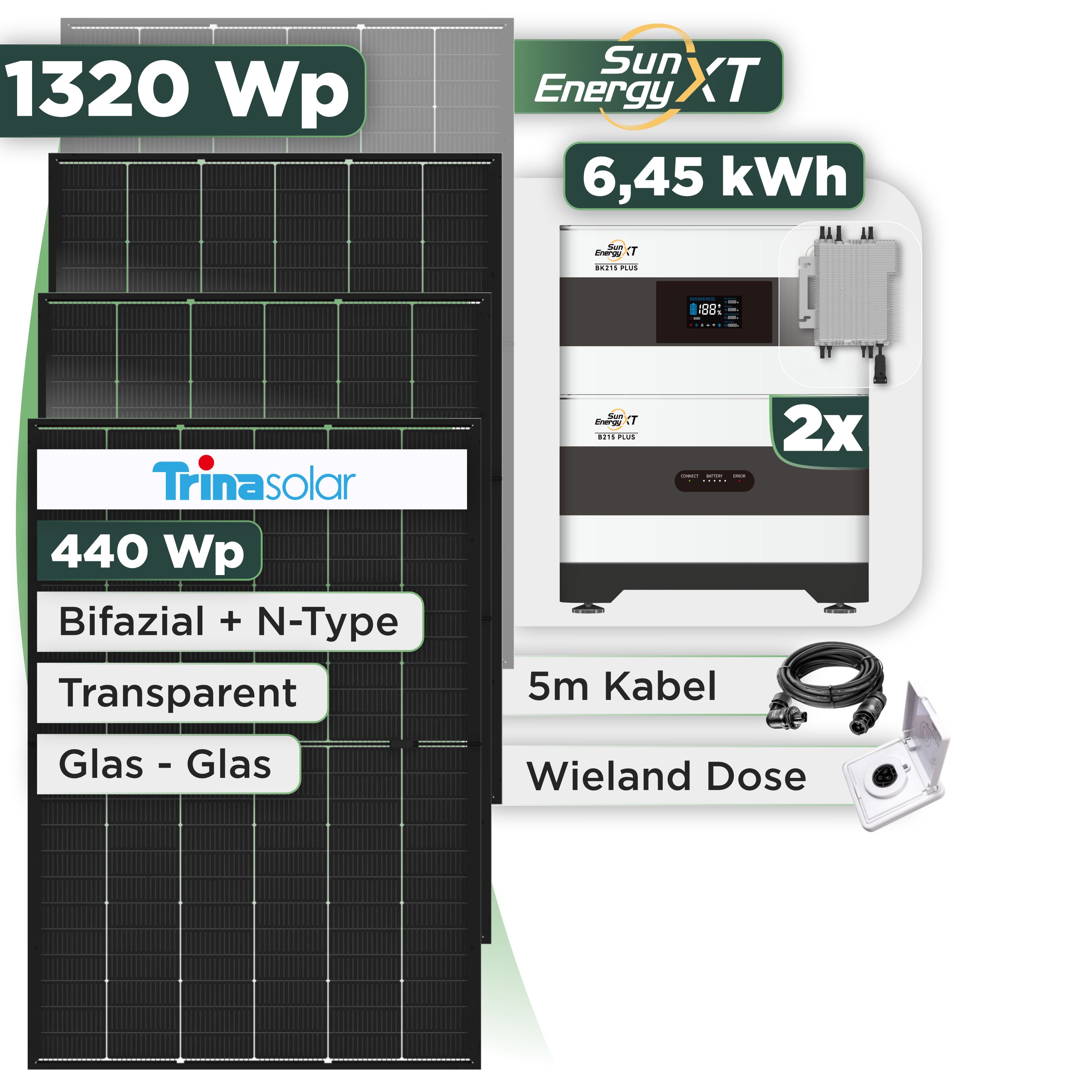 Balkonkraftwerk Set 1320 Wp SunEnergyXT Plus / 6,45 kWh / Trina 440 Wp Glas-Glas Bifazial Modul / 3 Module / Deye 2000 W / Wieland Stecker + Dose