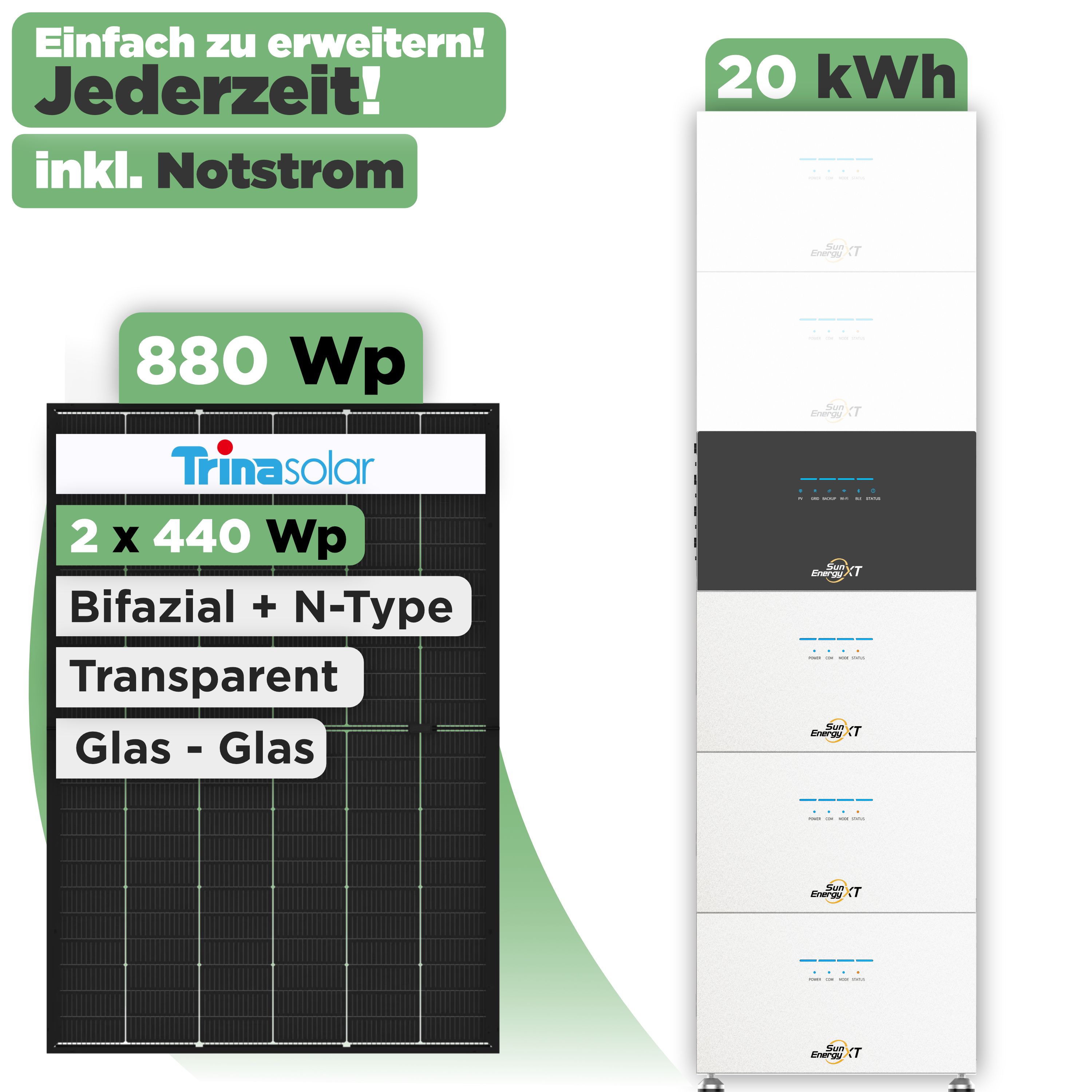 SunEnergyXT 500 Modulset 880 Wp SunEnergyXT 500 Pro (2400 W) / 20 kWh / Trina 440 Wp / 2 Module