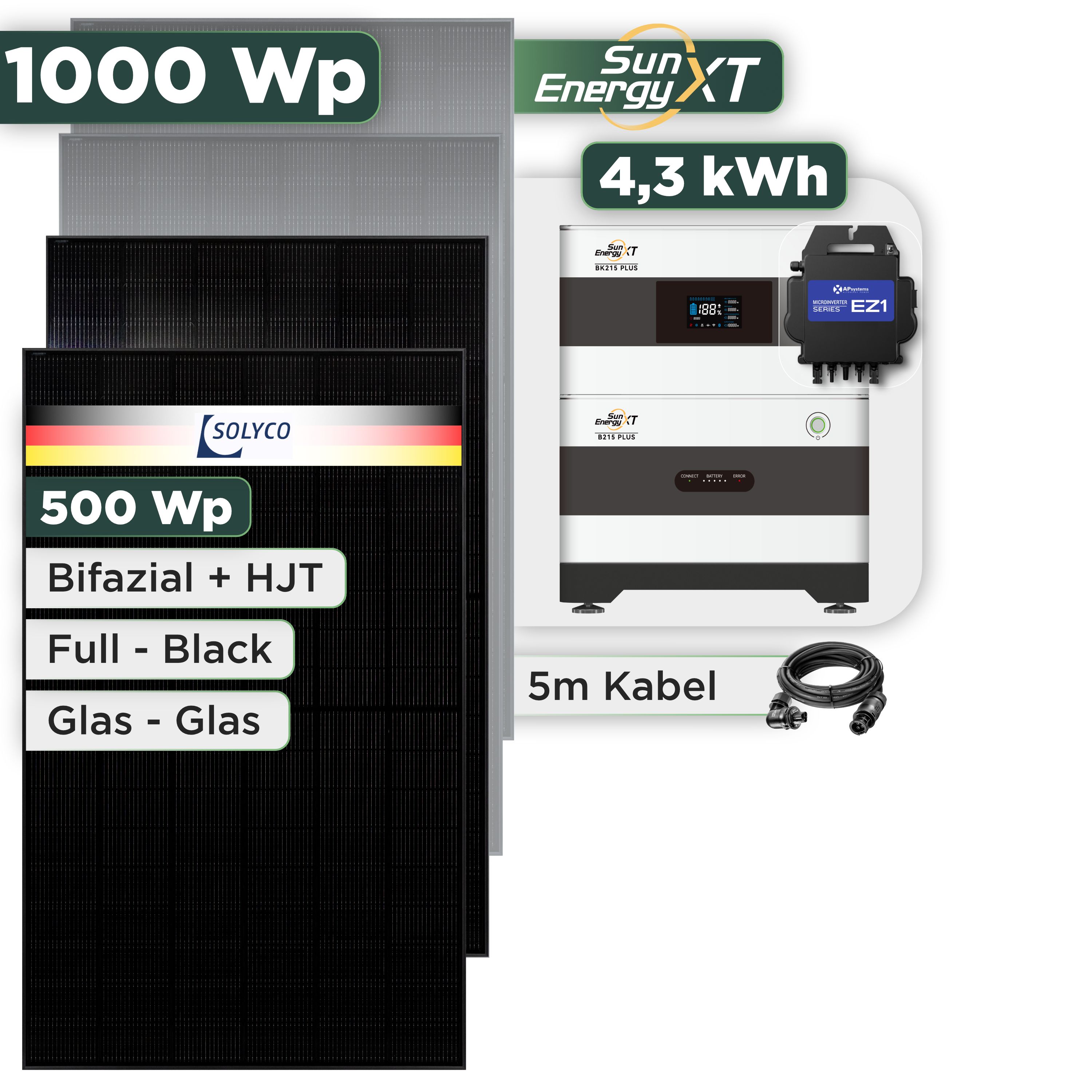 Balkonkraftwerk Set 1000 Wp SunEnergyXT Plus / 4,3 kWh / Solyco 500 Wp Glas-Glas Fullblack-Modul Bifazial / 2 Module / APSystems EZ1-M (bis 800 W) / Wieland Stecker