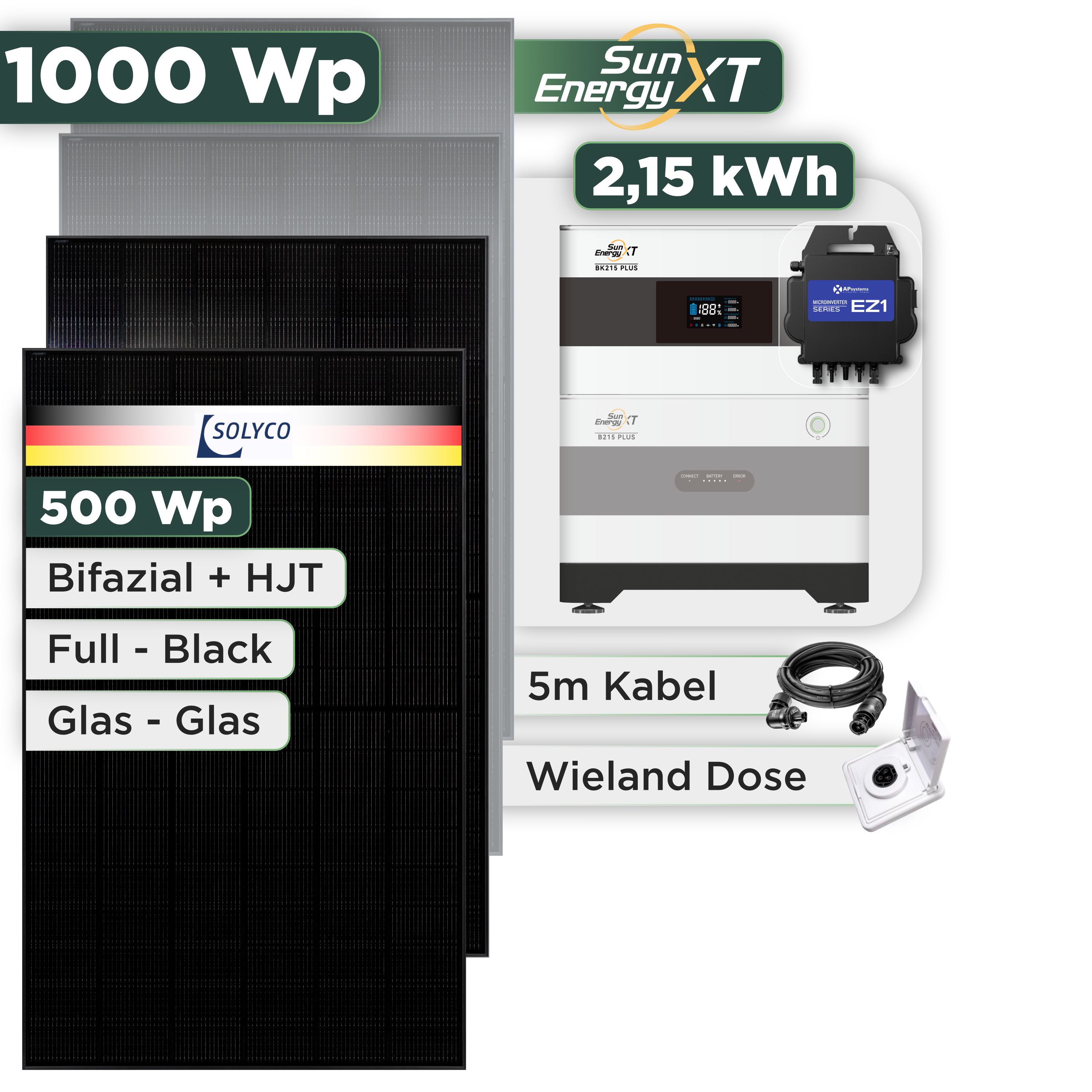 Balkonkraftwerk Set 1000 Wp SunEnergyXT Plus / 2,15 kWh / Solyco 500 Wp Glas-Glas Fullblack-Modul Bifazial / 2 Module / APSystems EZ1-M (bis 800 W) / Wieland Stecker + Dose