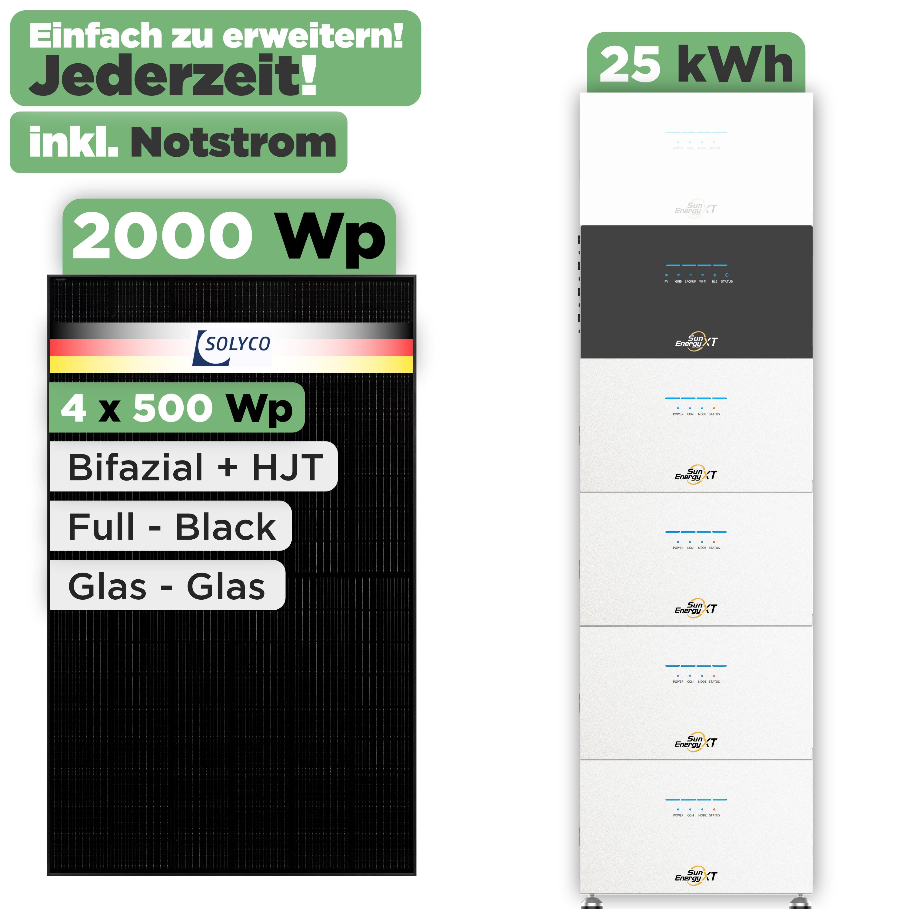 SunEnergyXT 500 Modulset 2000 Wp SunEnergyXT 500 (800 W) / 25 kWh / Solyco 500 Wp / 4 Module