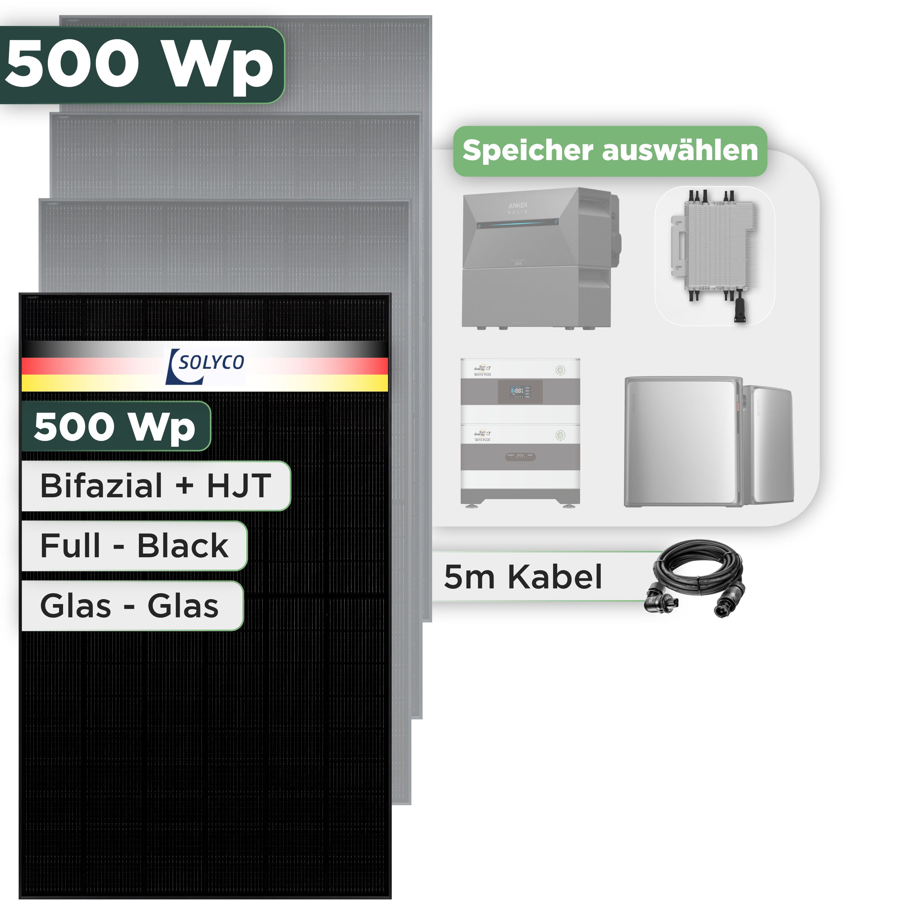 Balkonkraftwerk Set 500 Wp Solyco 500 Wp Glas-Glas Fullblack-Modul Bifazial / 1 Modul / Deye 2000 W / Wieland Stecker
