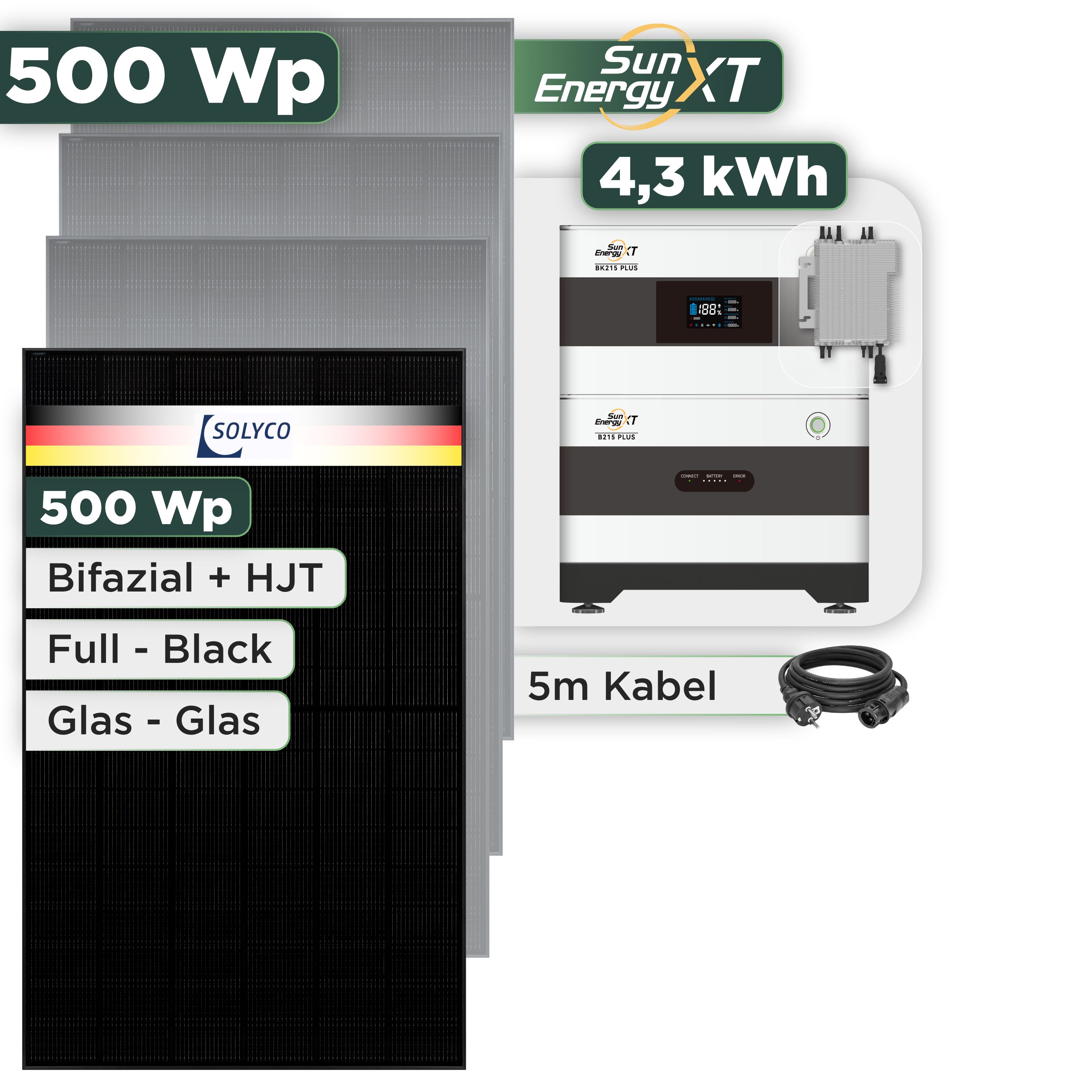 Balkonkraftwerk Set 500 Wp SunEnergyXT Plus / 4,3 kWh / Solyco 500 Wp Glas-Glas Fullblack-Modul Bifazial / 1 Modul / Deye 2000 W / Schuko Stecker