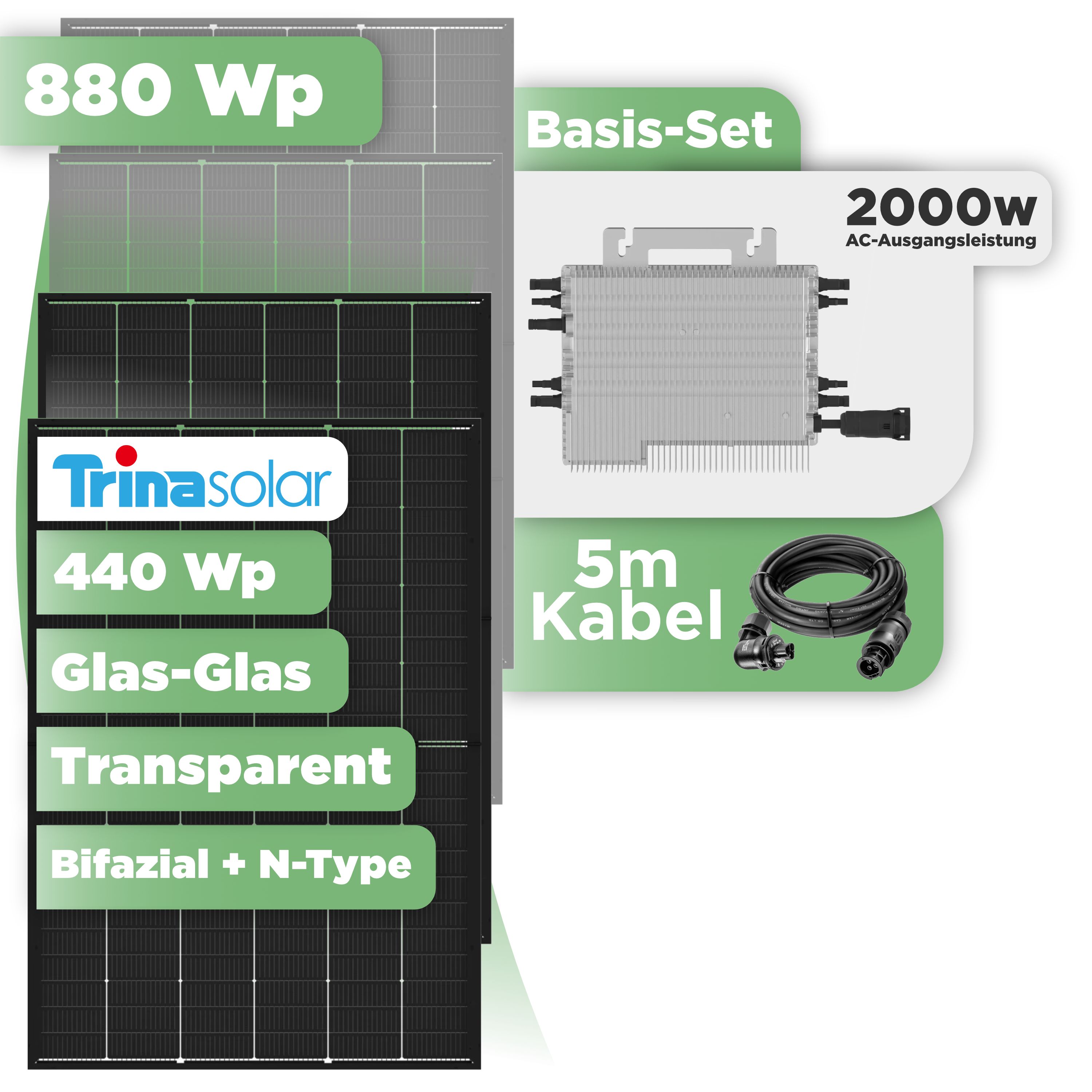 Balkonkraftwerk Basic Set 880 Wp Trina 440 Wp Glas-Glas Bifazial Modul / 2 Module / Deye 2000 W / Wieland Stecker