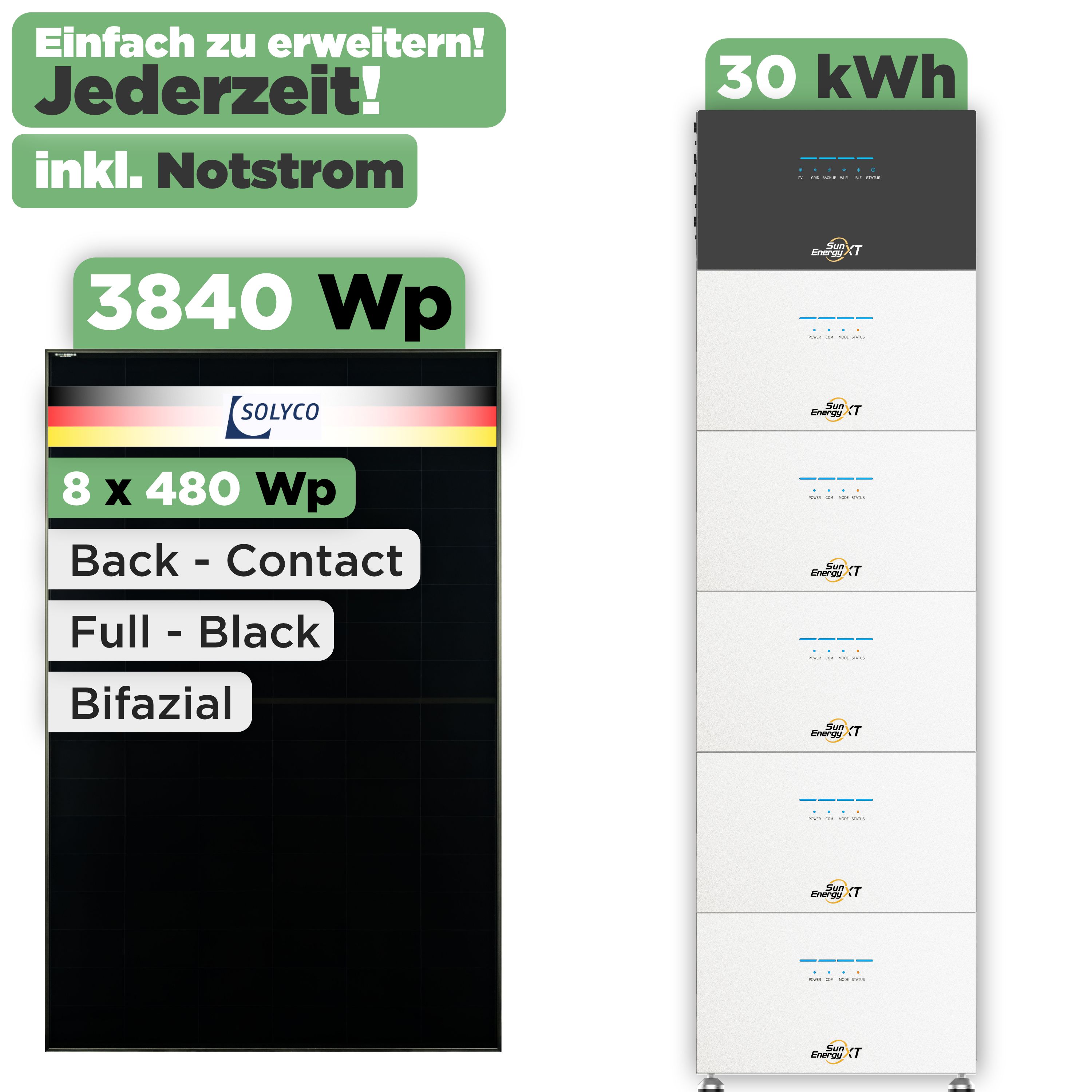 SunEnergyXT 500 Modulset 3840 Wp SunEnergyXT 500 (800 W) / 30 kWh / Solyco 480 Wp / 8 Module