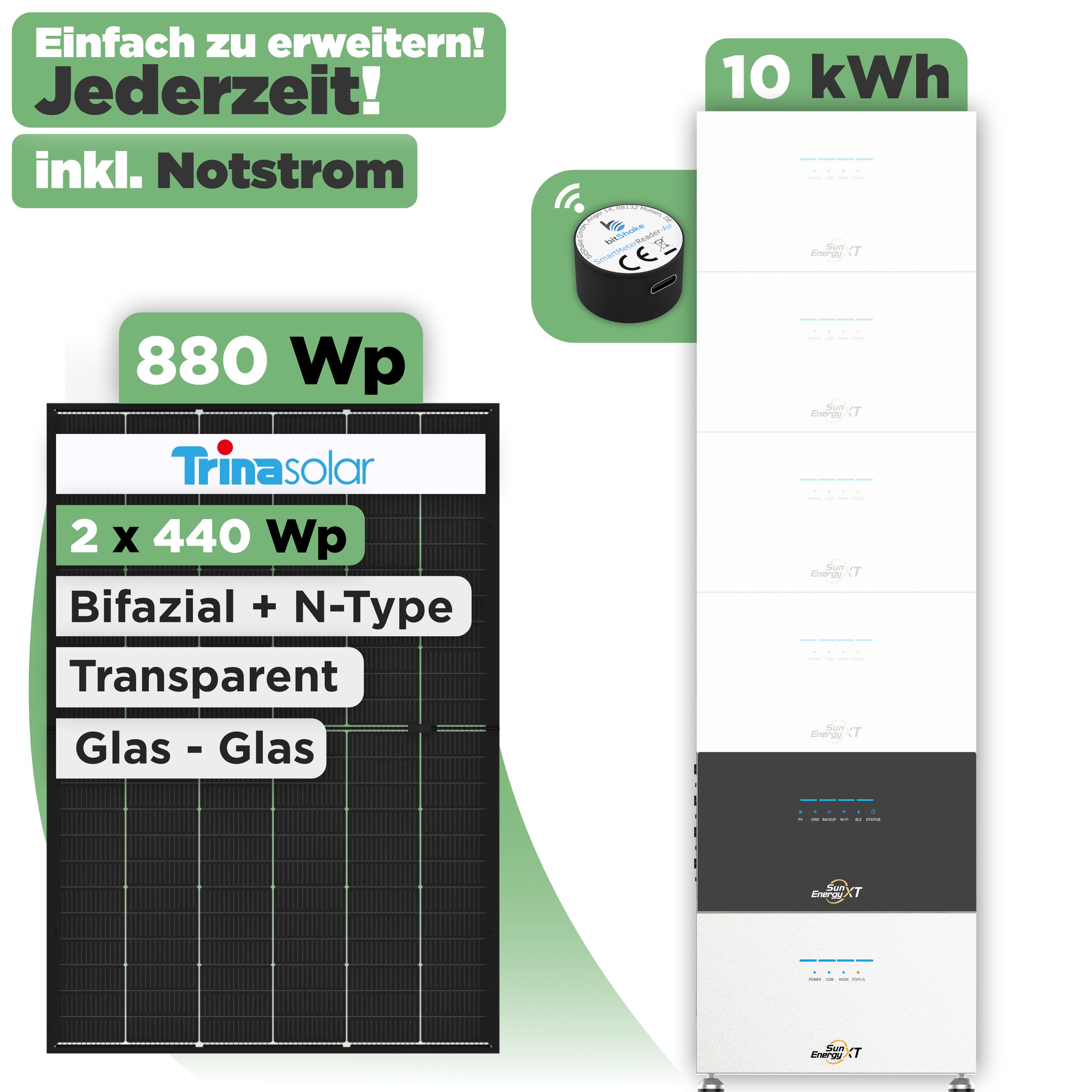 SunEnergyXT 500 Modulset 880 Wp SunEnergyXT 500 Pro (2400 W) / 10 kWh / IR Lesekopf / Trina 440 Wp / 2 Module