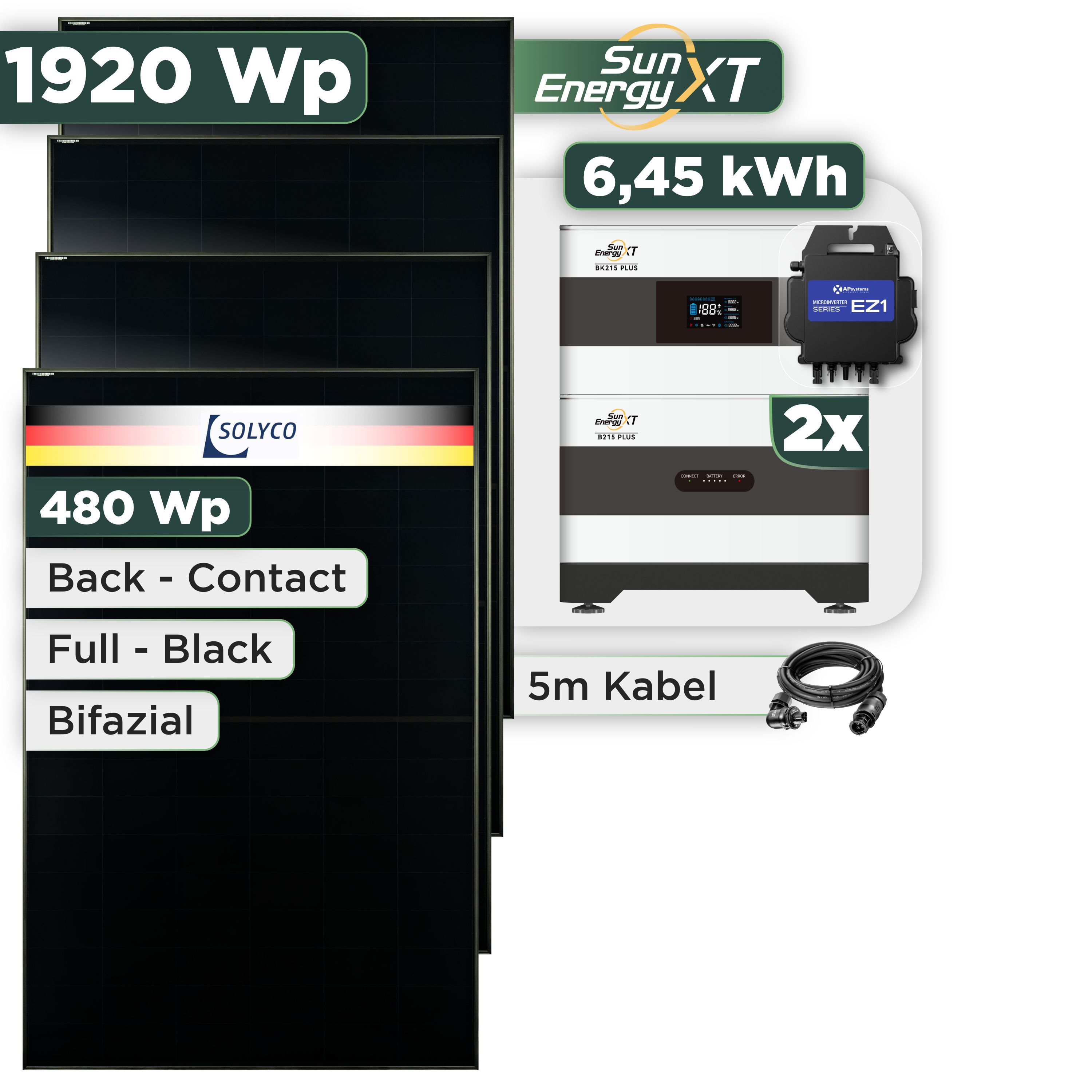 Balkonkraftwerk Set 1920 Wp SunEnergyXT Plus / 6,45 kWh / Solyco 480 Wp Glas-Glas Fullblack Back Contact Modul / 4 Module / APSystems EZ1-M (bis 800 W) / Wieland Stecker