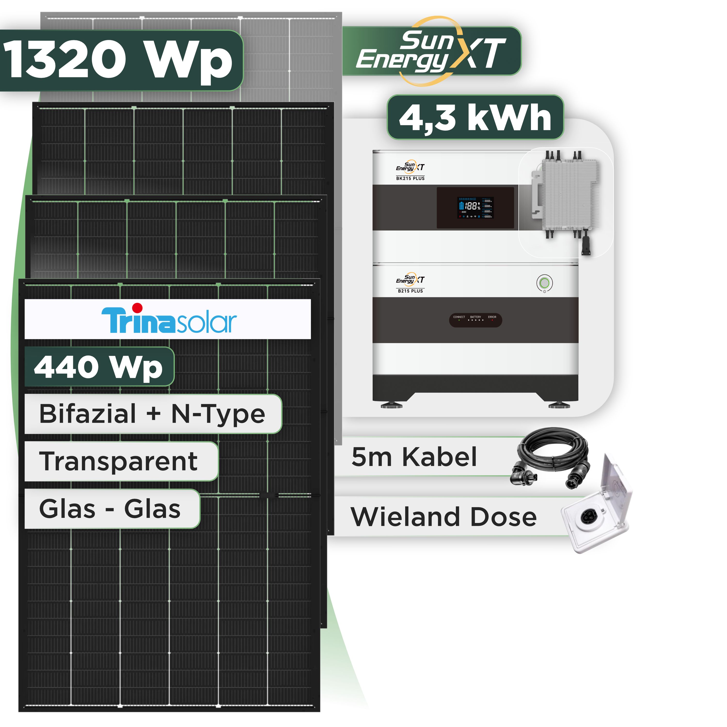 Balkonkraftwerk Set 1320 Wp SunEnergyXT Plus / 4,3 kWh / Trina 440 Wp Glas-Glas Bifazial Modul / 3 Module / Deye 2000 W / Wieland Stecker + Dose