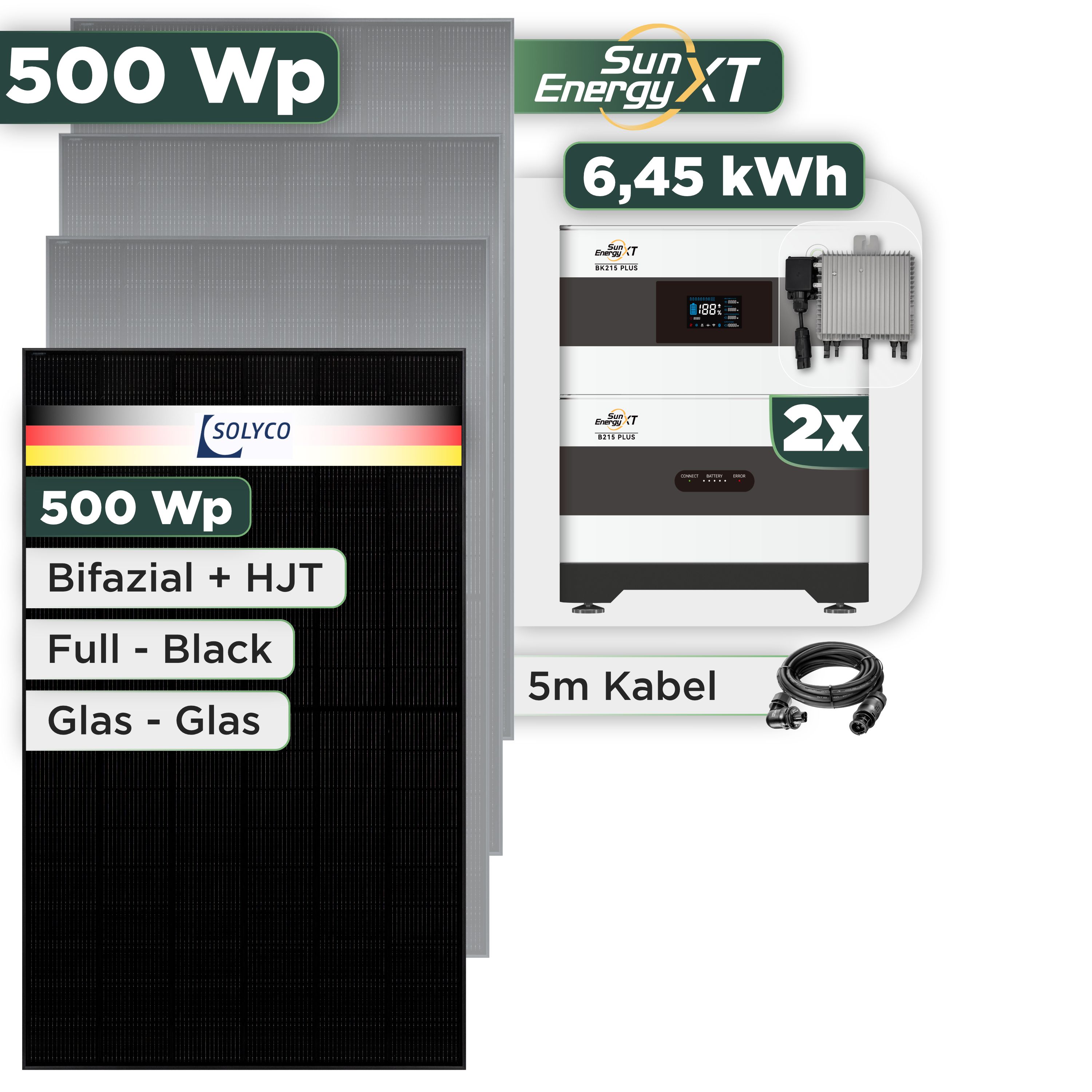 Balkonkraftwerk Set 500 Wp SunEnergyXT Plus / 6,45 kWh / Solyco 500 Wp Glas-Glas Fullblack-Modul Bifazial / 1 Modul / Deye 800 W / Wieland Stecker