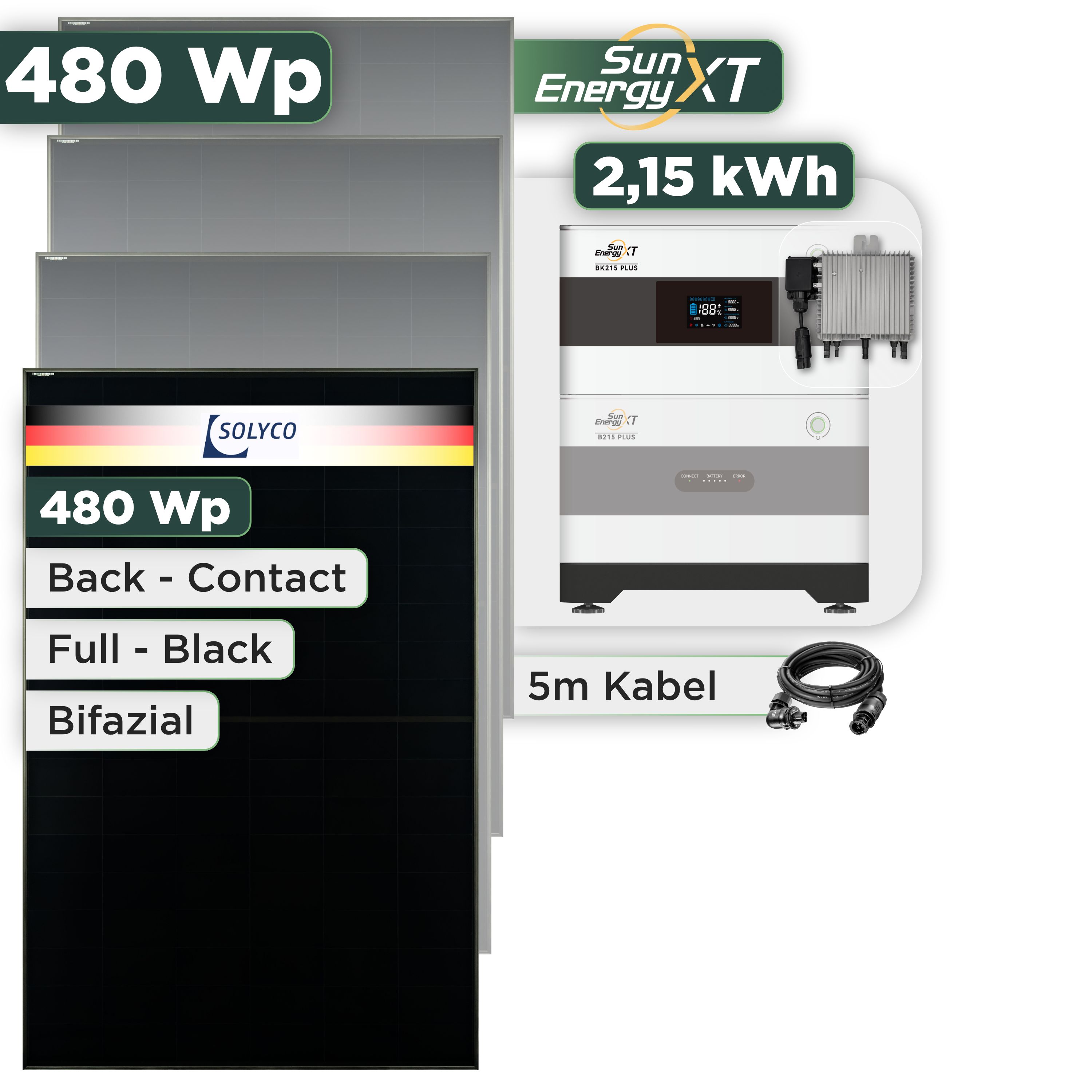 Balkonkraftwerk Set 480 Wp SunEnergyXT Plus / 2,15 kWh / Solyco 480 Wp Glas-Glas Fullblack Back Contact Modul / 1 Modul / Deye 800 W / Wieland Stecker