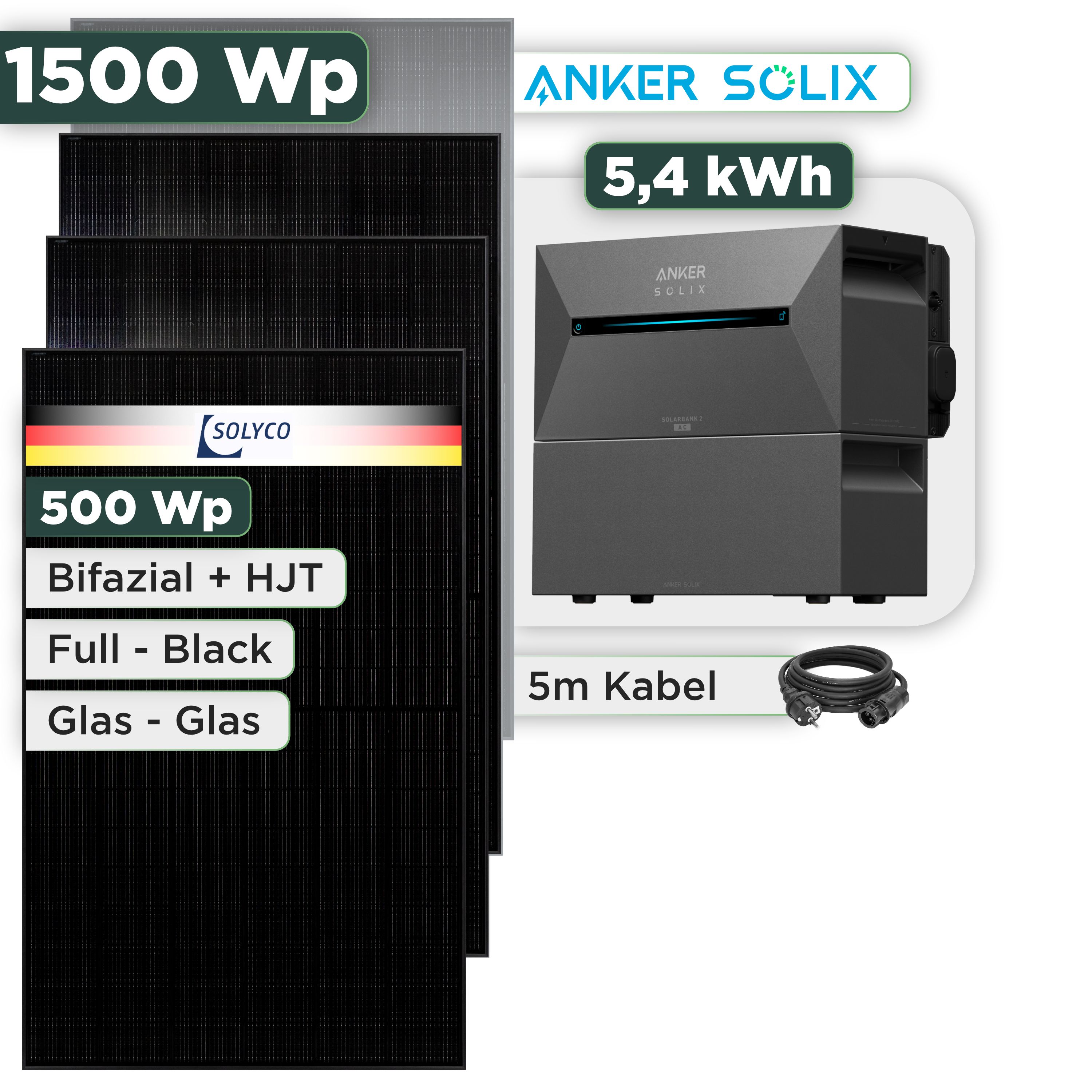 Balkonkraftwerk Set 1500 Wp Anker Solarbank 3 Pro / 5,4 kWh / Solyco 500 Wp Glas-Glas Fullblack-Modul Bifazial / 3 Module / Schuko Stecker / 3 m