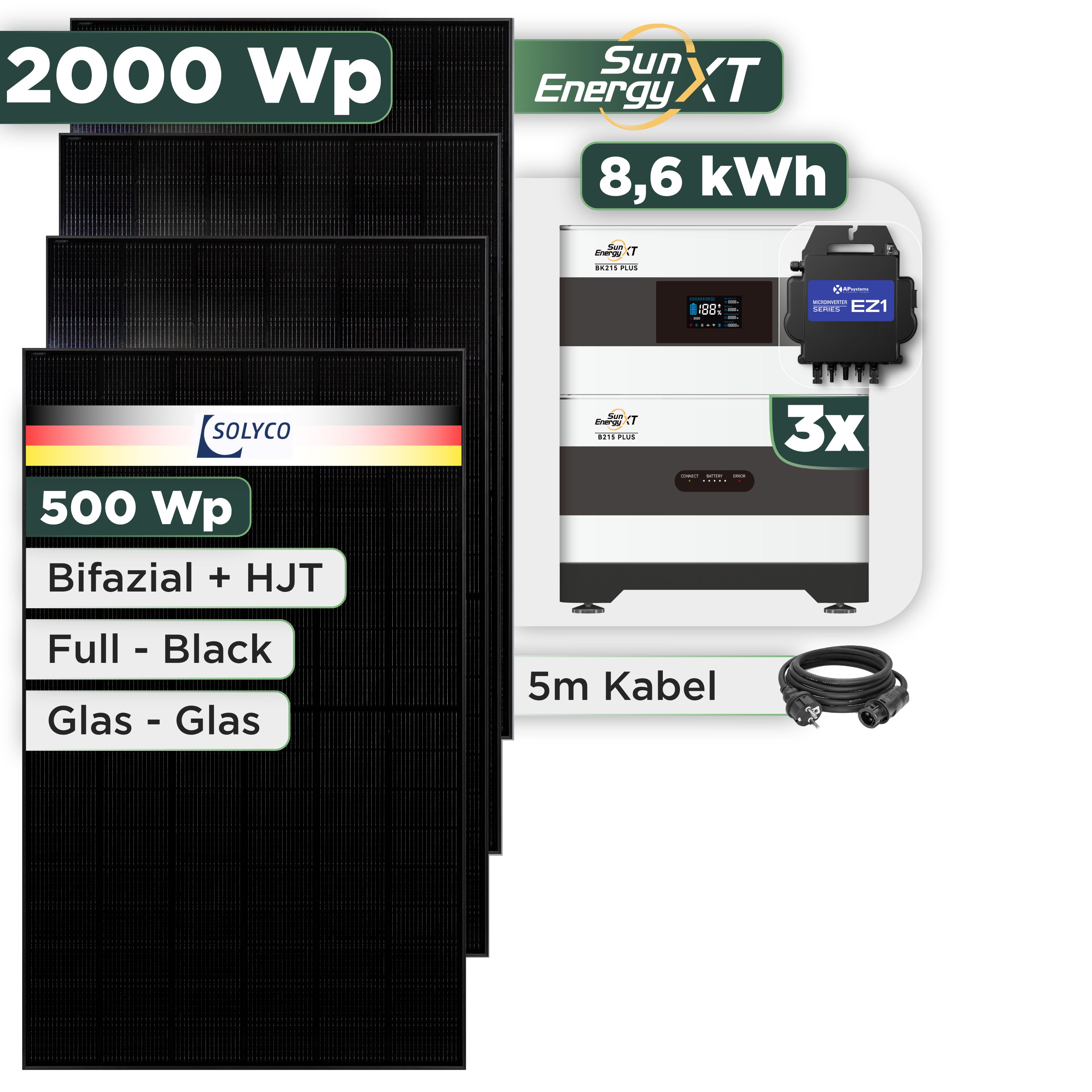 Balkonkraftwerk Set 2000 Wp — SunEnergyXT Plus / 8,6 kWh / Solyco 500 Wp Glas-Glas Fullblack-Modul Bifazial / 4 Module / APSystems EZ1-M (bis 800 W) / Schuko Stecker / 5 m