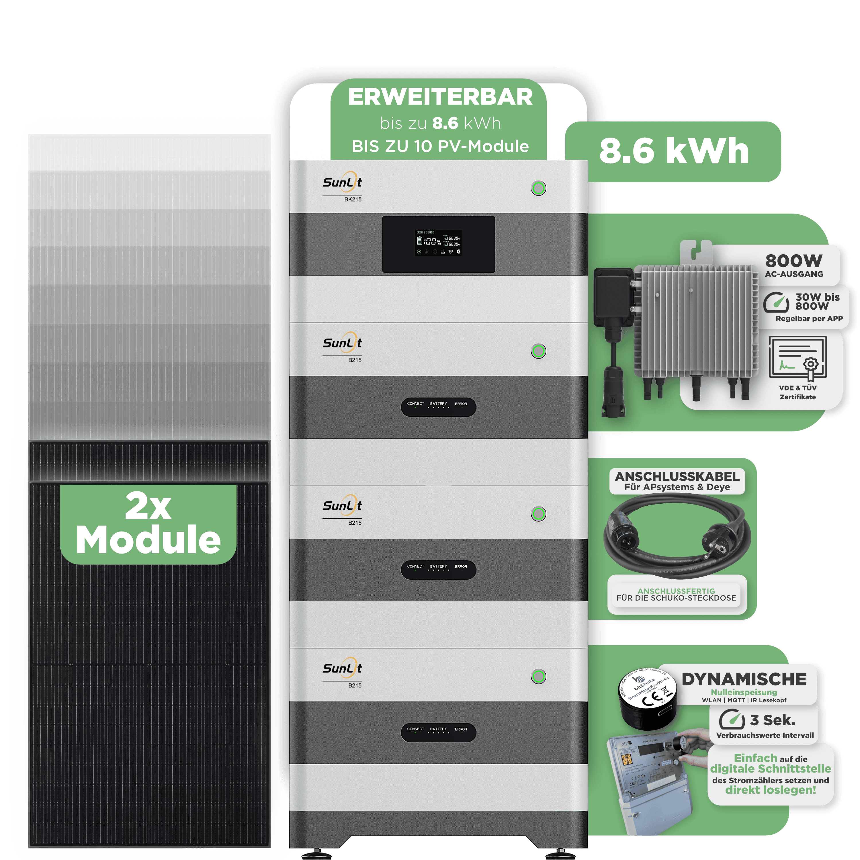 Sunlit Balkonkraftwerkspeicher — 8.600 Wh / mit IR Lesekopf (bitshake) / 800 W (Deye-SUN-M) / 20 m Schuko Kabel / 2 x Trina 440 Wp Bifazial