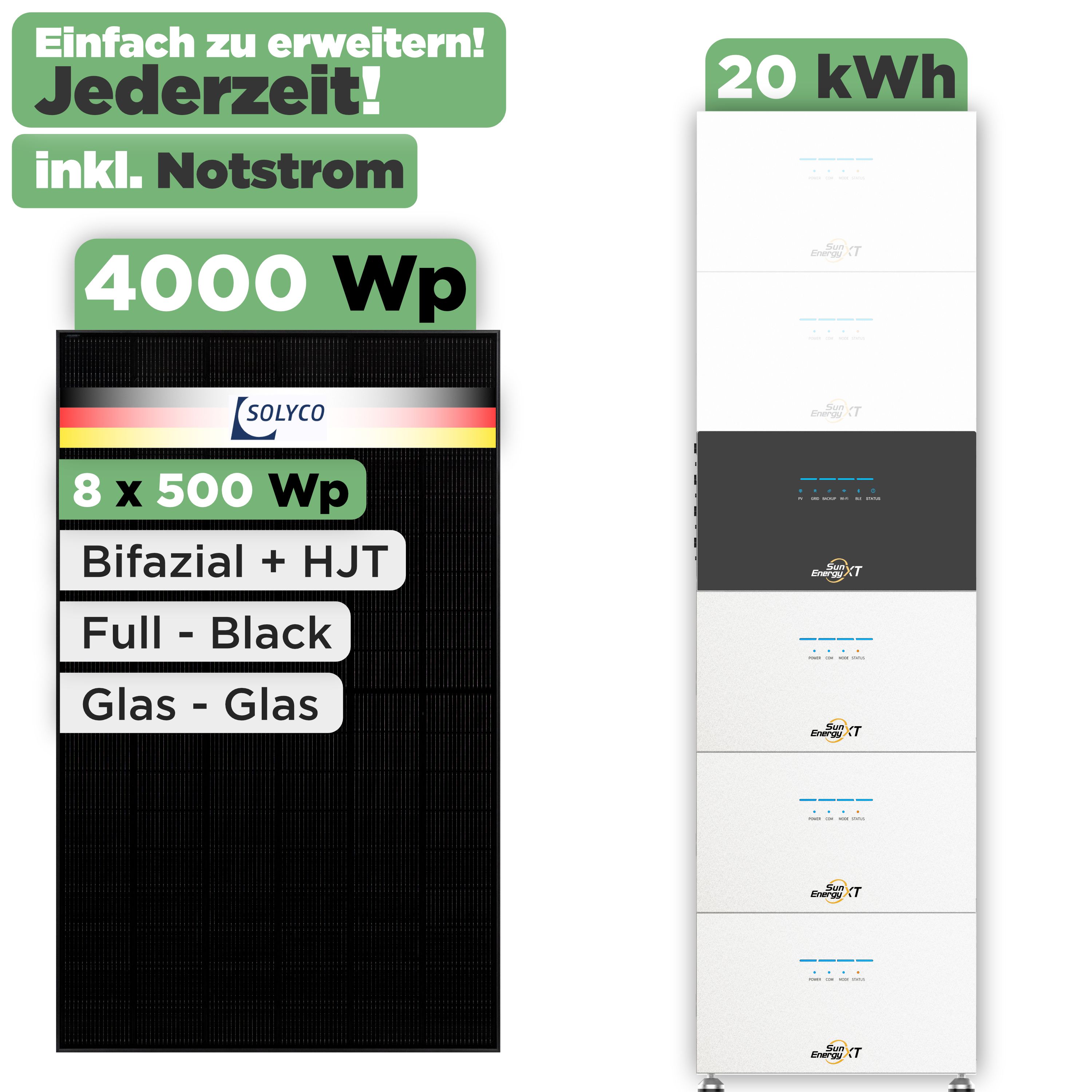 SunEnergyXT 500 Modulset 4000 Wp SunEnergyXT 500 (800 W) / 20 kWh / Solyco 500 Wp / 8 Module