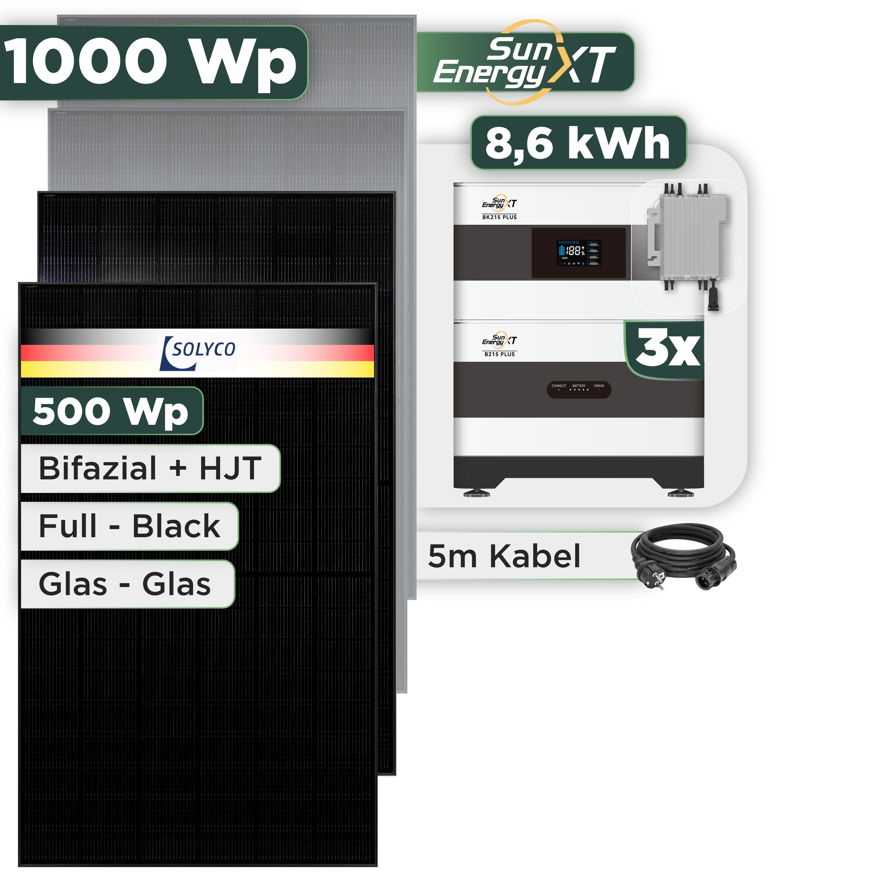 Balkonkraftwerk Set 1000 Wp SunEnergyXT Plus / 8,6 kWh / Solyco 500 Wp Glas-Glas Fullblack-Modul Bifazial / 2 Module / Deye 2000 W / Schuko Stecker