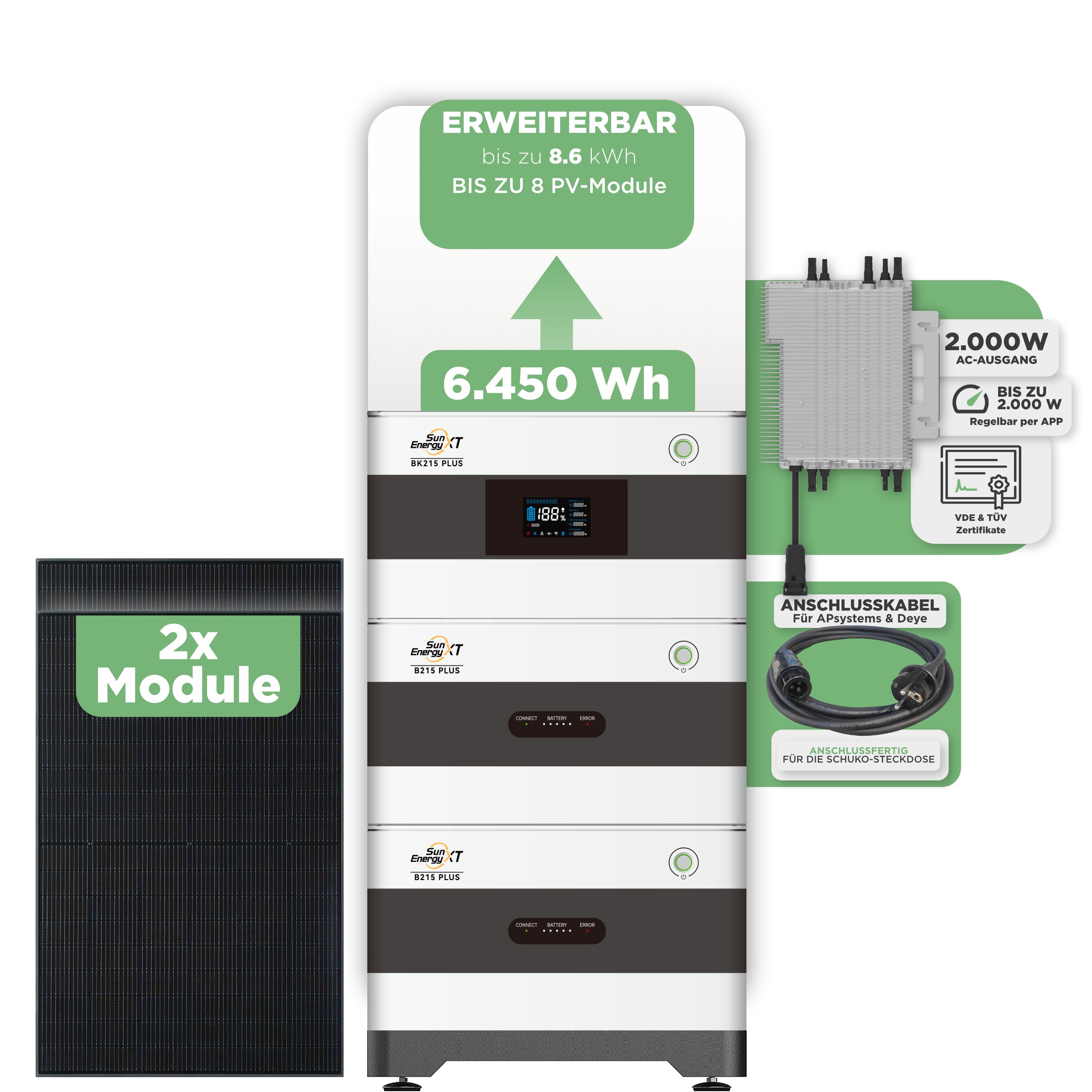 SunEnergyXT BK215 Plus Balkonkraftwerkspeicher 6.450 Wh / 2000 W (Deye-SUN-M) / 10 m Schuko Kabel