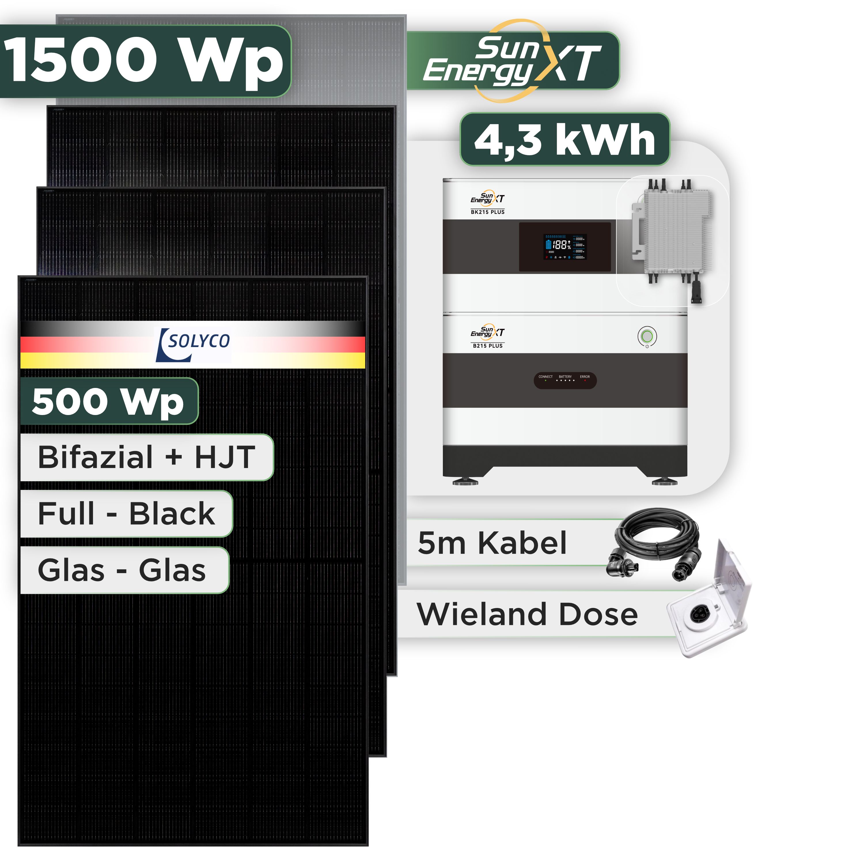 Balkonkraftwerk Set 1500 Wp SunEnergyXT Plus / 4,3 kWh / Solyco 500 Wp Glas-Glas Fullblack-Modul Bifazial / 3 Module / Deye 2000 W / Wieland Stecker + Dose