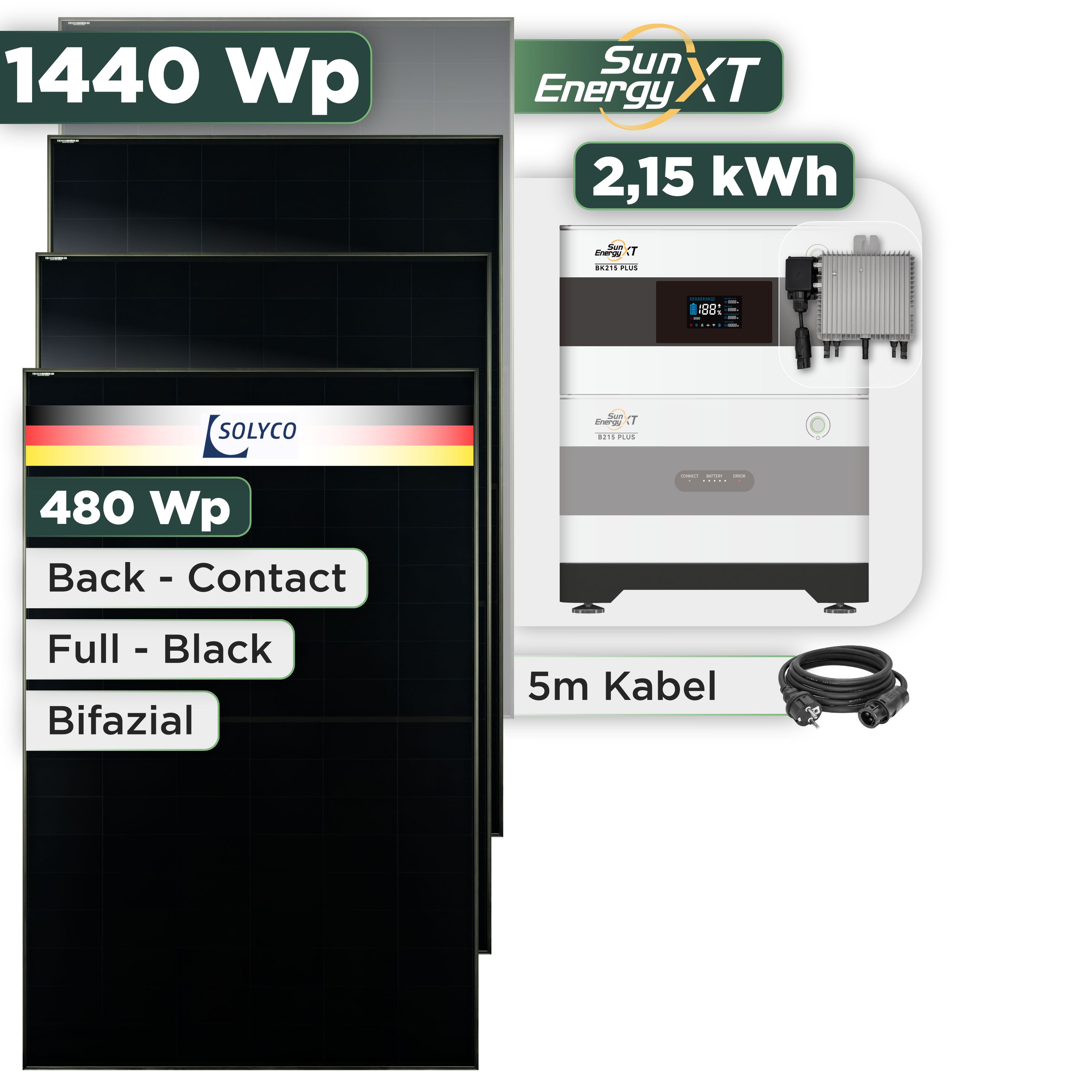 Balkonkraftwerk Set 1440 Wp SunEnergyXT Plus / 2,15 kWh / Solyco 480 Wp Glas-Glas Fullblack Back Contact Modul / 3 Module / Deye 800 W / Schuko Stecker