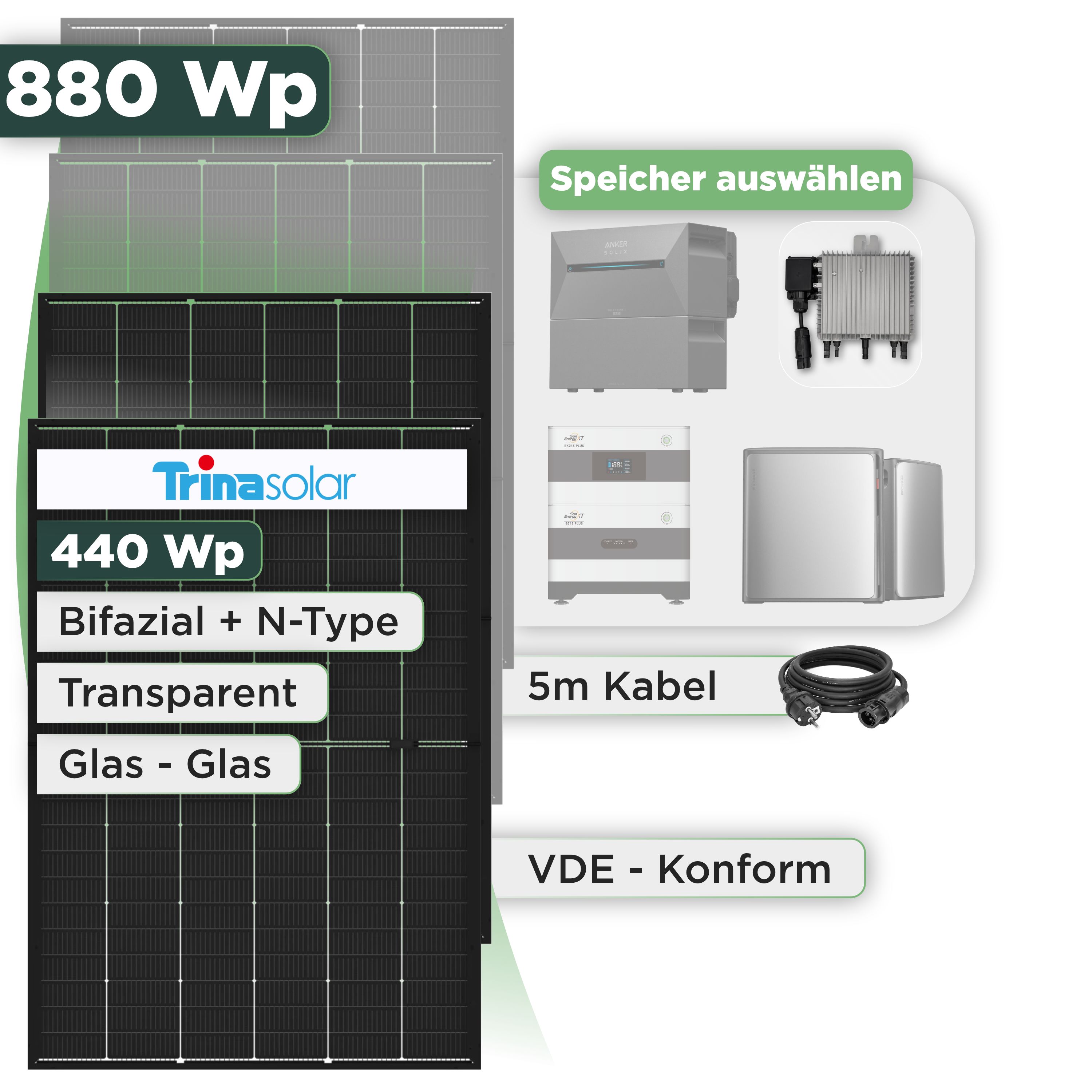 Balkonkraftwerk Set 880 Wp Trina 440 Wp Glas-Glas Bifazial Modul / 2 Module / Deye 800 W / Schuko Stecker