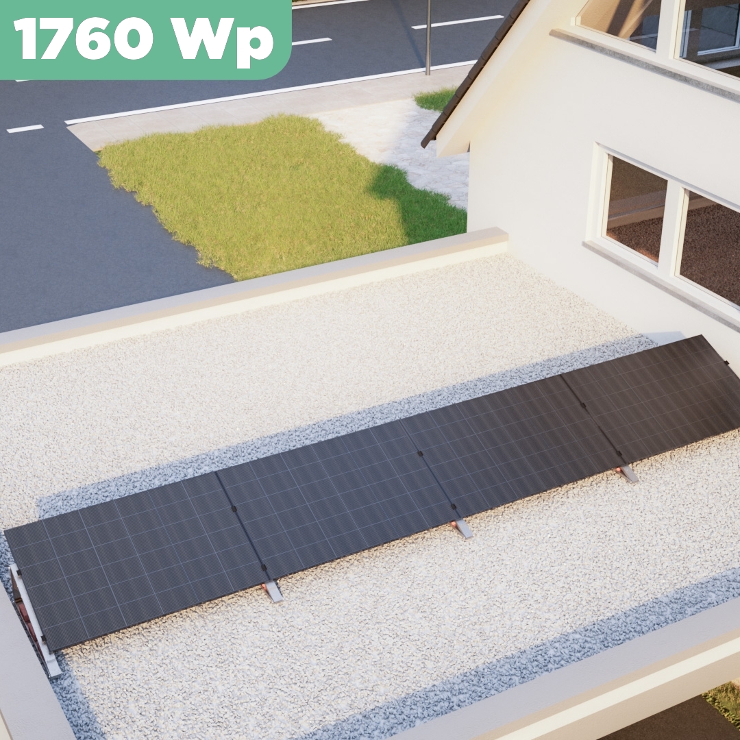 Balkonkraftwerk Flachdach 1760 Wp — APsystems EZ1-M 800 W / Trina Solar / 440 Wp (Glas-Glas + Bifazial) / Standard / eine Reihe quer / 4 Module / 20 m