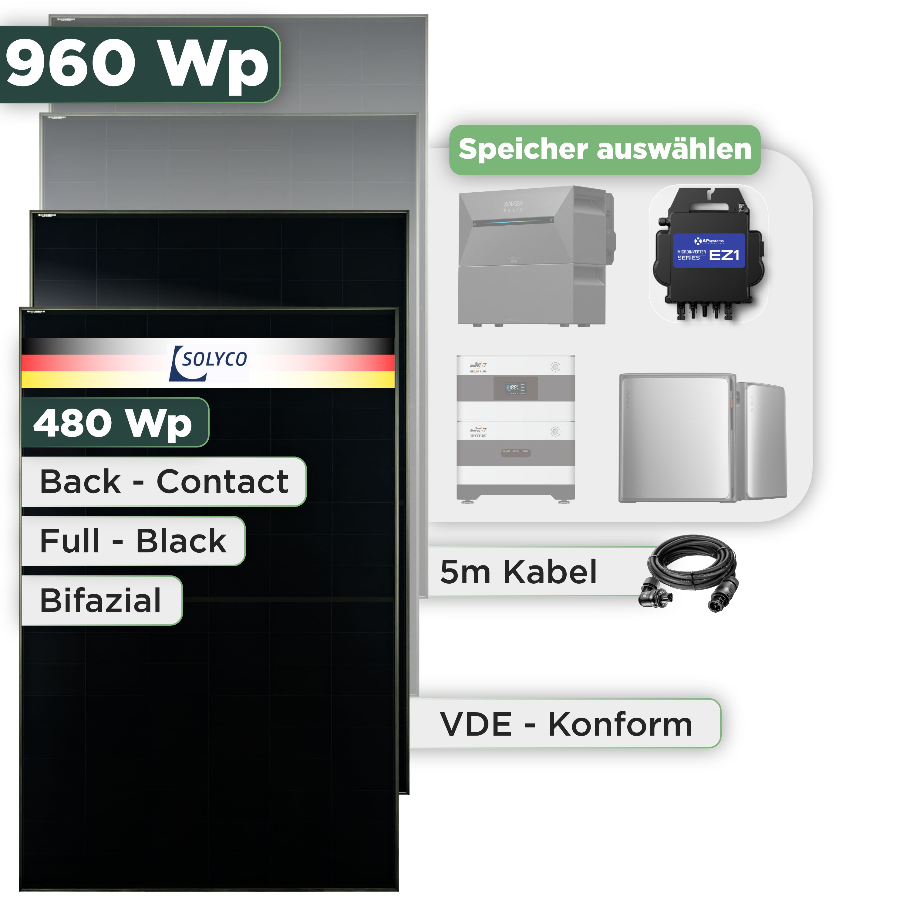 Balkonkraftwerk Set 960 Wp Solyco 480 Wp Glas-Glas Fullblack Back Contact Modul / 2 Module / APSystems EZ1-M (bis 800 W) / Wieland Stecker