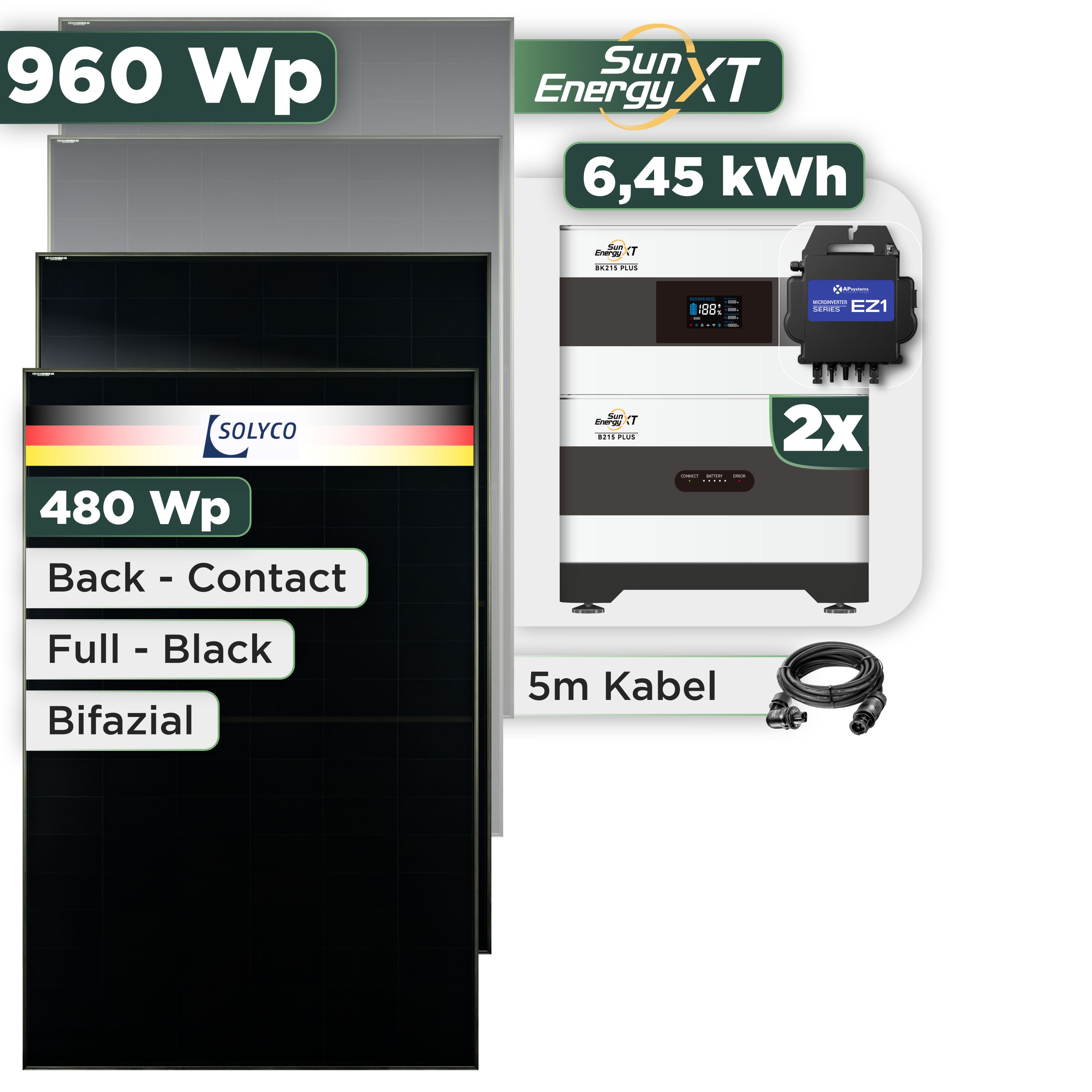 Balkonkraftwerk Set 960 Wp SunEnergyXT Plus / 6,45 kWh / Solyco 480 Wp Glas-Glas Fullblack Back Contact Modul / 2 Module / APSystems EZ1-M (bis 800 W) / Wieland Stecker
