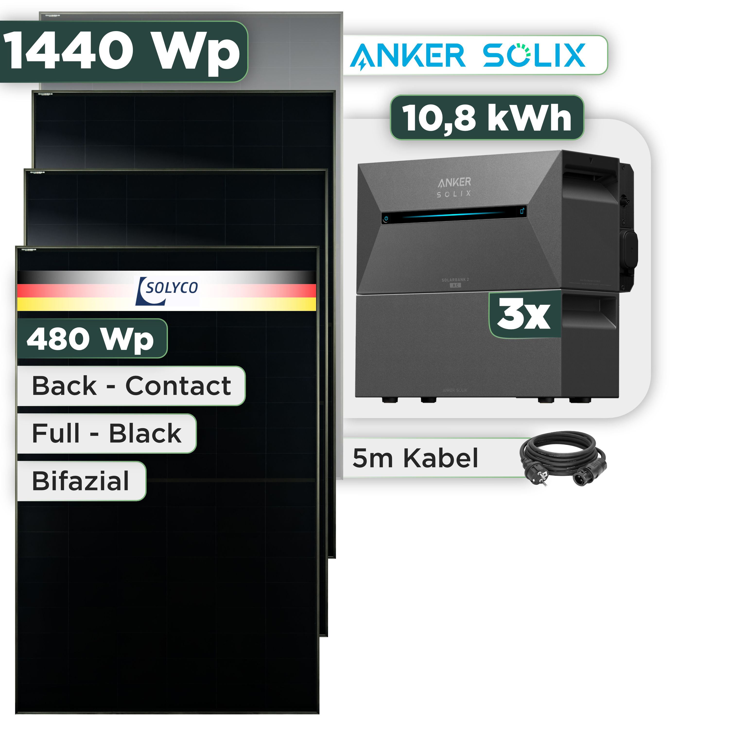 Balkonkraftwerk Set 1440 Wp Anker Solarbank 3 Pro / 10,8 kWh / Solyco 480 Wp Glas-Glas Fullblack Back Contact Modul / 3 Module / Schuko Stecker / 3 m