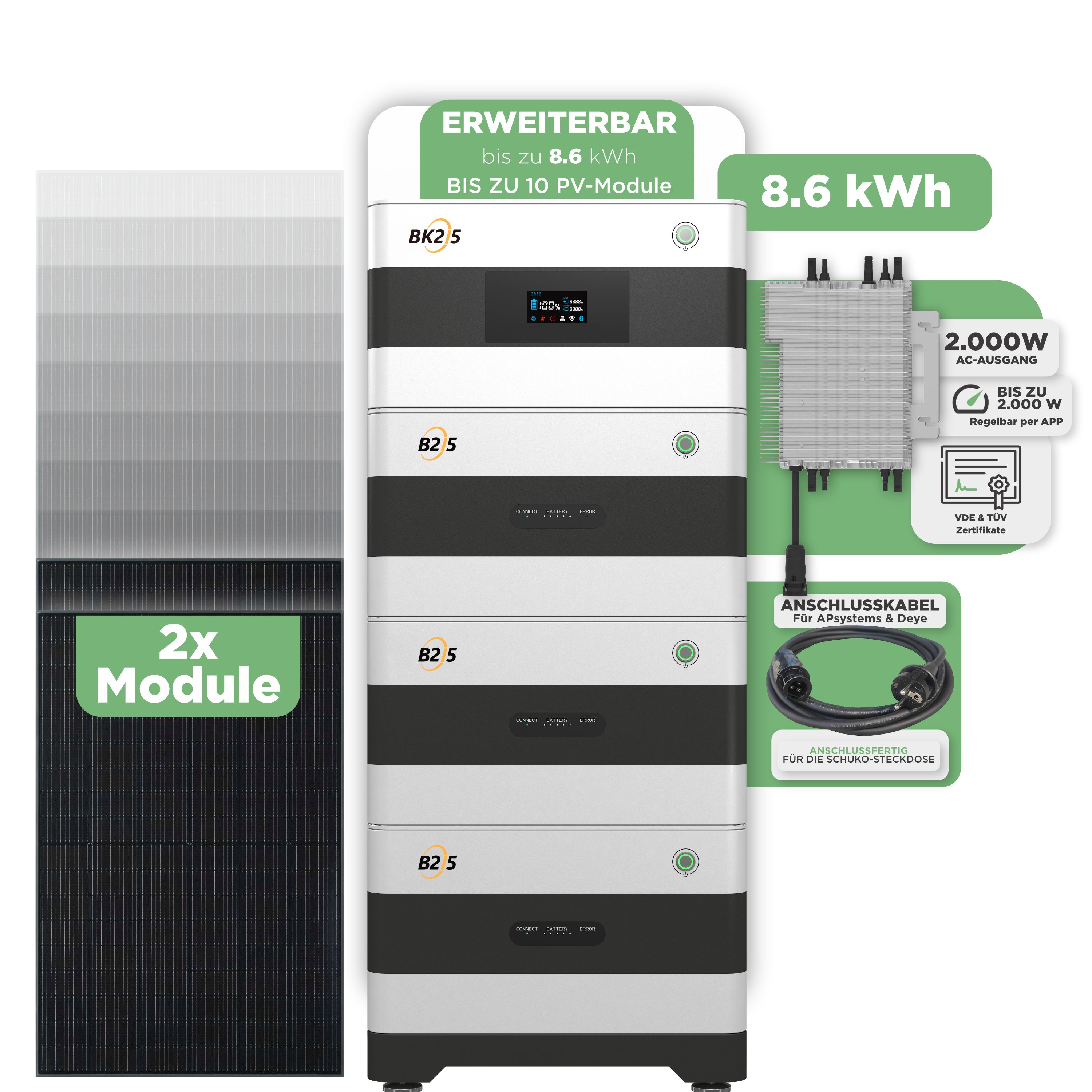 SunEnergyXT Balkonkraftwerkspeicher — 8.600 Wh / 2000 W (Deye-SUN-M) / 20 m Schuko Kabel / 2 x Trina 440 Wp Bifazial