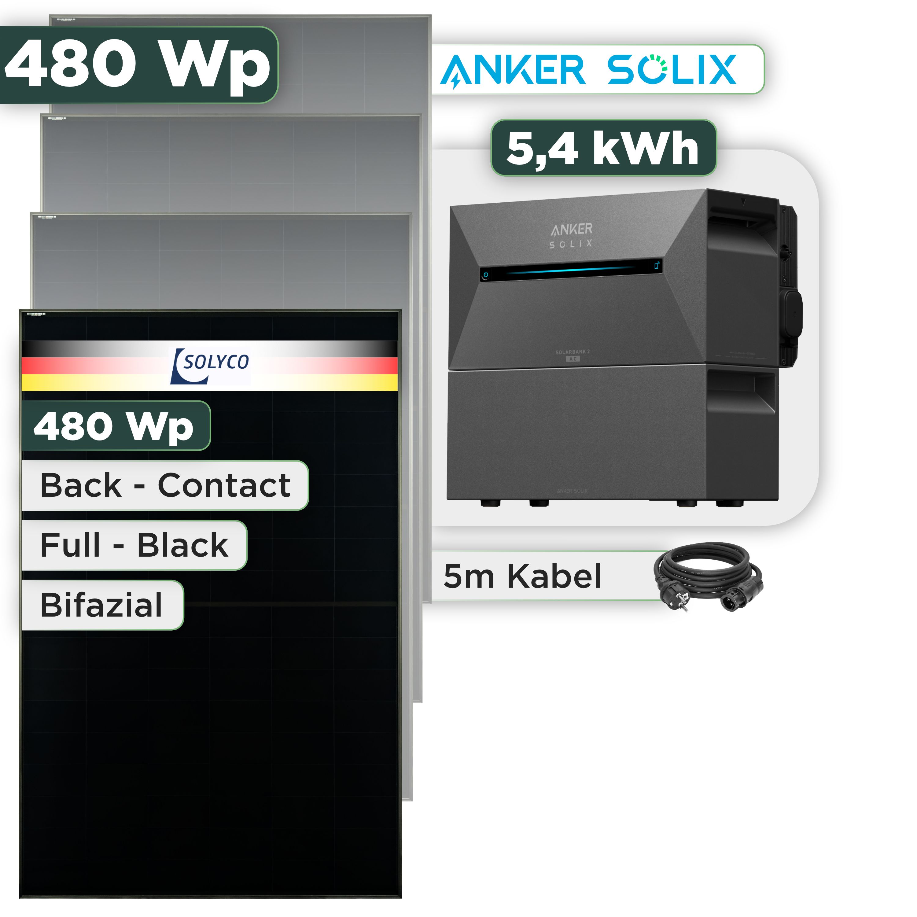 Balkonkraftwerk Set 480 Wp Anker Solarbank 3 Pro / 5,4 kWh / Solyco 480 Wp Glas-Glas Fullblack Back Contact Modul / 1 Modul / Schuko Stecker / 3 m