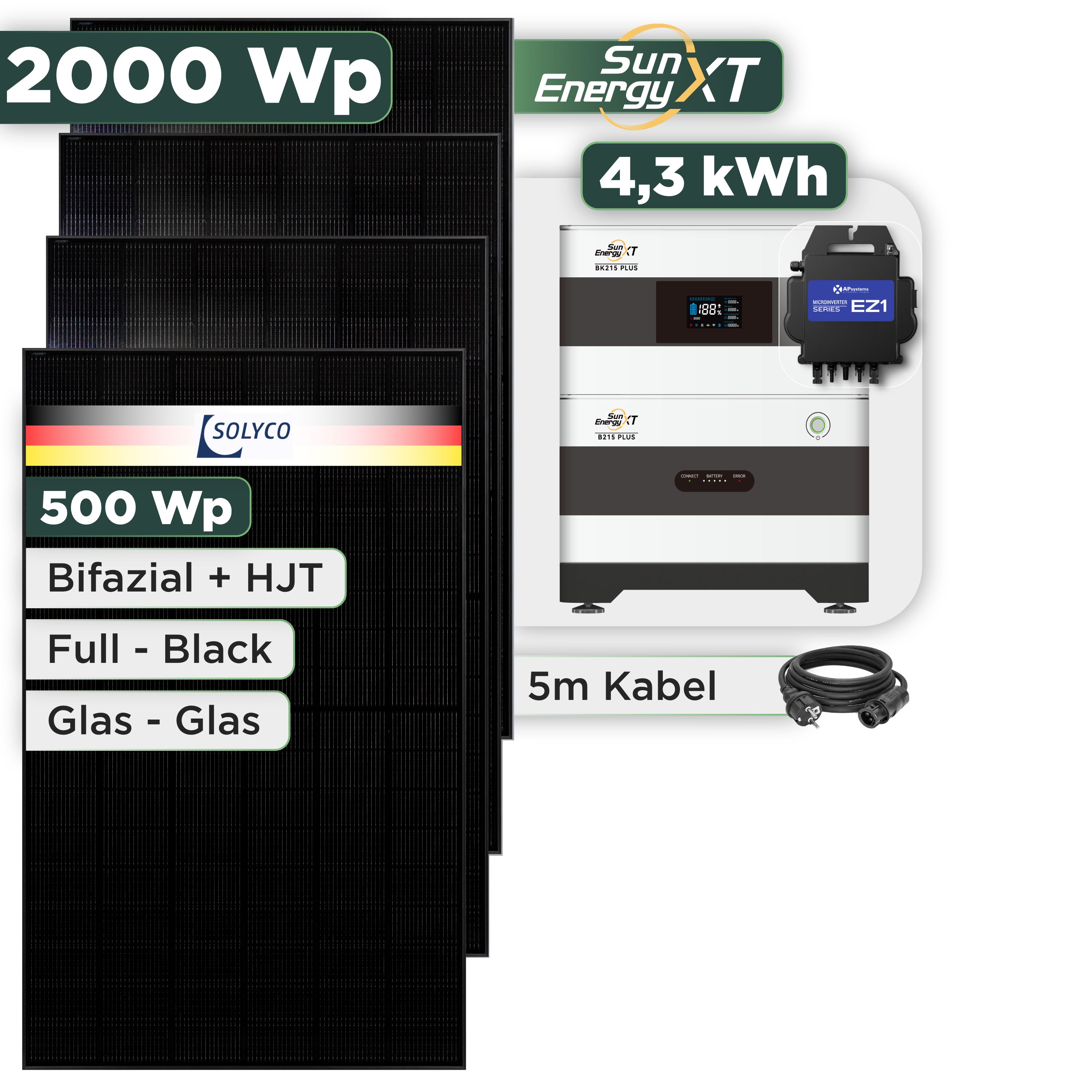 Balkonkraftwerk Set 2000 Wp SunEnergyXT Plus / 4,3 kWh / Solyco 500 Wp Glas-Glas Fullblack-Modul Bifazial / 4 Module / APSystems EZ1-M (bis 800 W) / Schuko Stecker